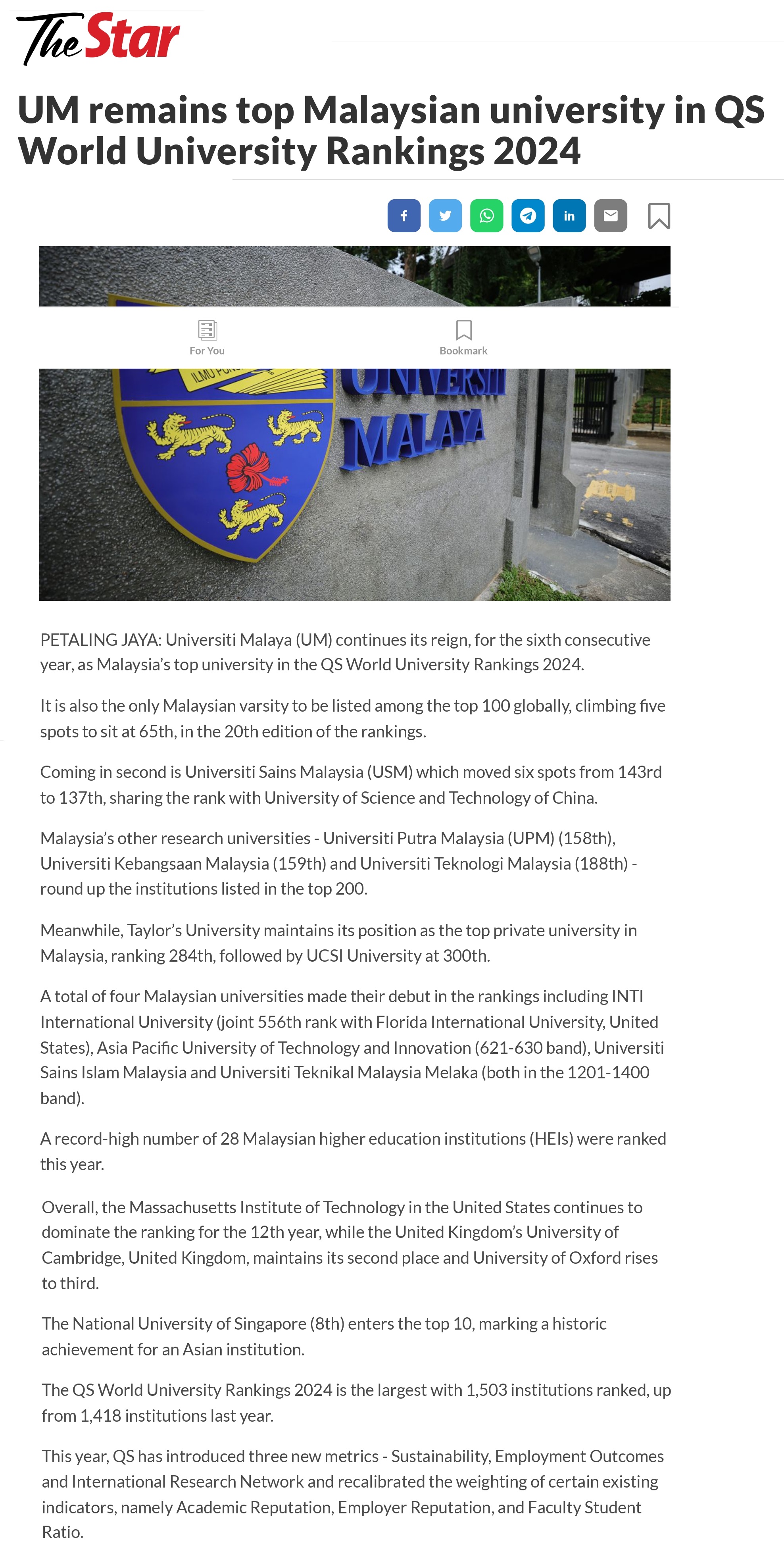 UM remains top Malaysian university in QS World University Rankings 2024