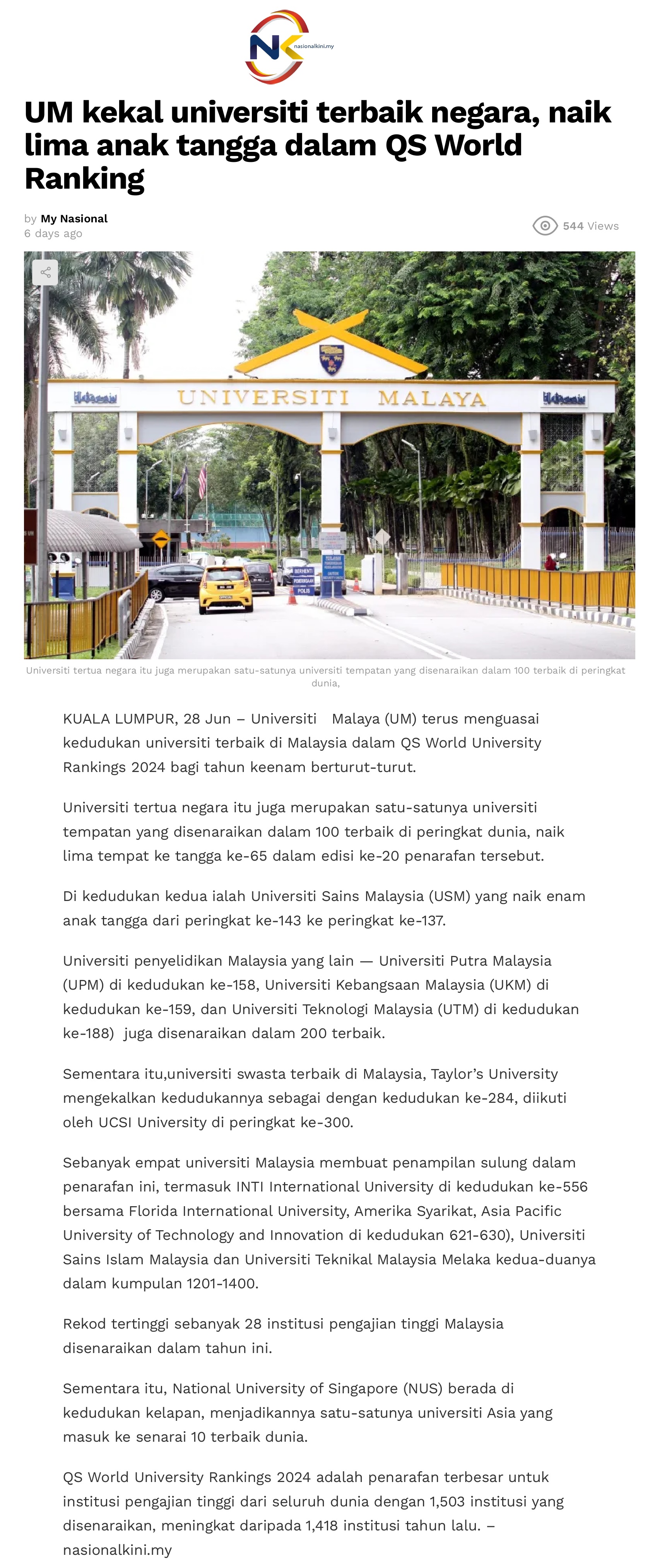 UM kekal universiti terbaik negara, naik lima anak tangga dalam QS World Ranking