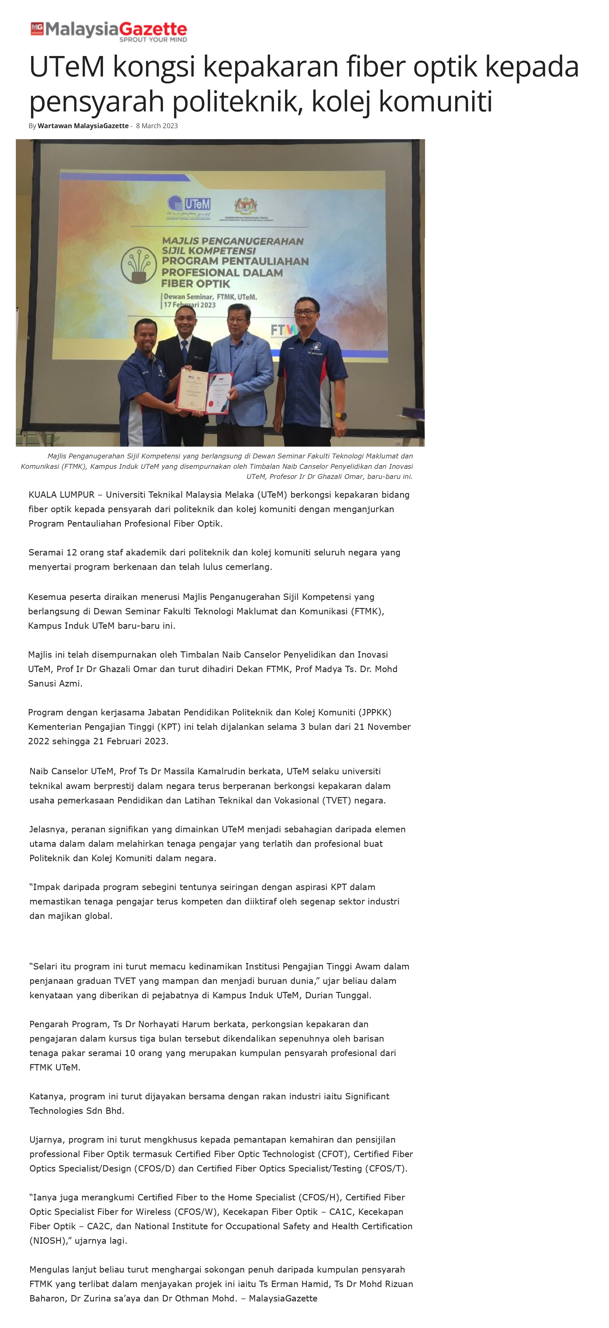 UTeM kongsi kepakaran fiber optik kepada pensyarah politeknik, kolej komuniti