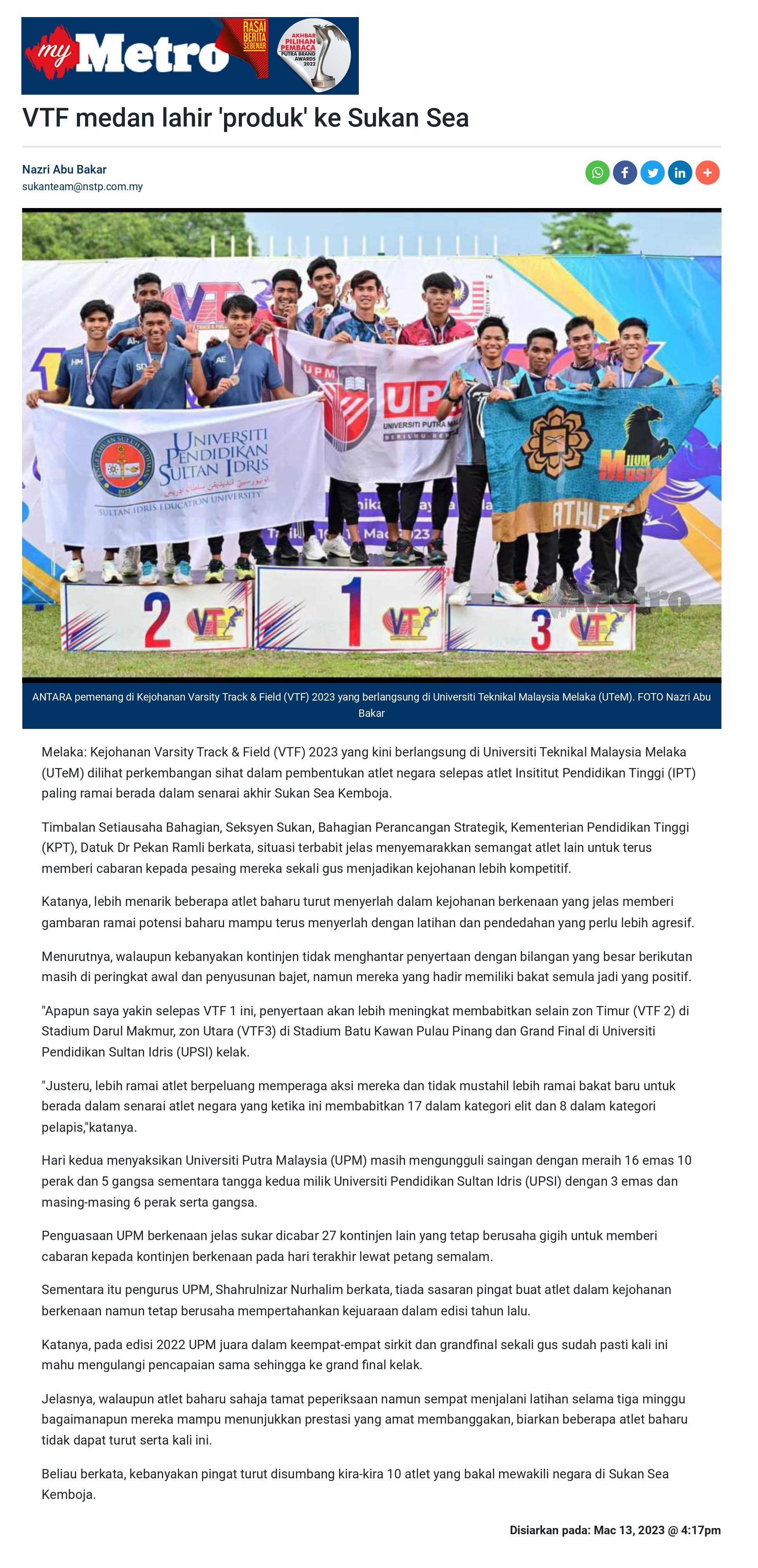 VTF medan lahir 'produk' ke Sukan Sea