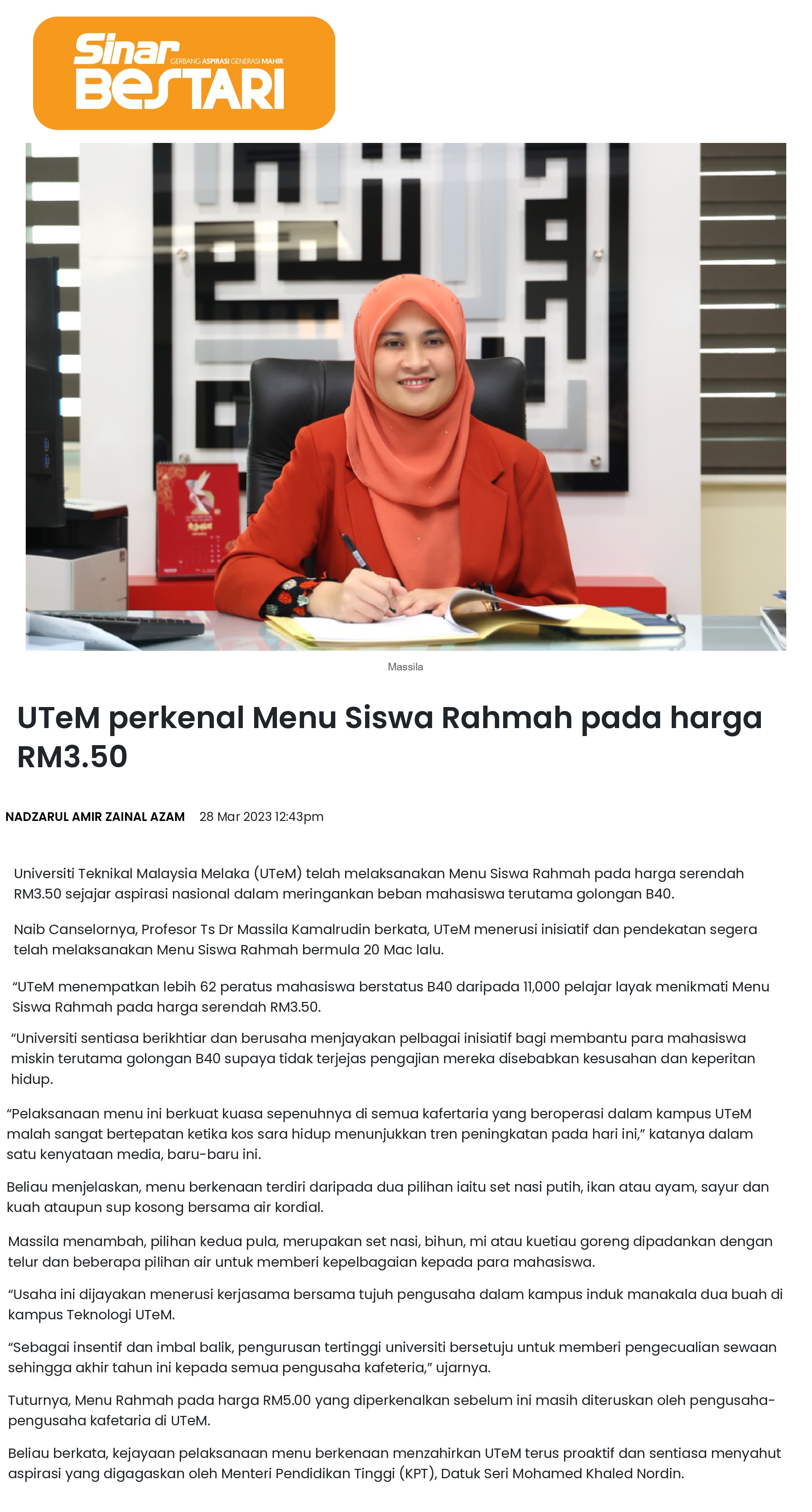 UTeM perkenal Menu Siswa Rahmah pada harga RM3.50