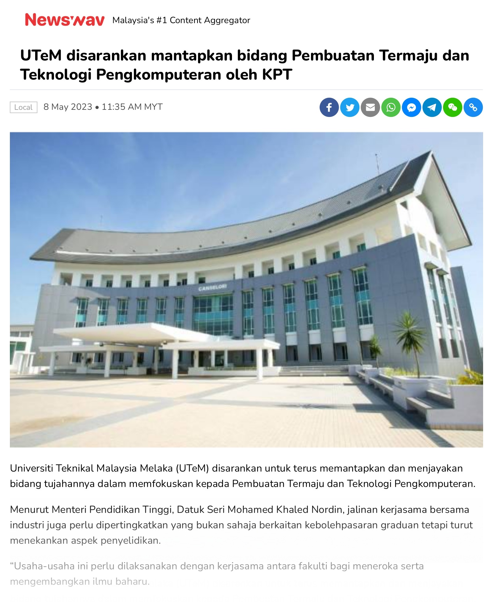 UTeM disarankan mantapkan bidang Pembuatan Termaju dan Teknologi Pengkomputeran oleh KPT