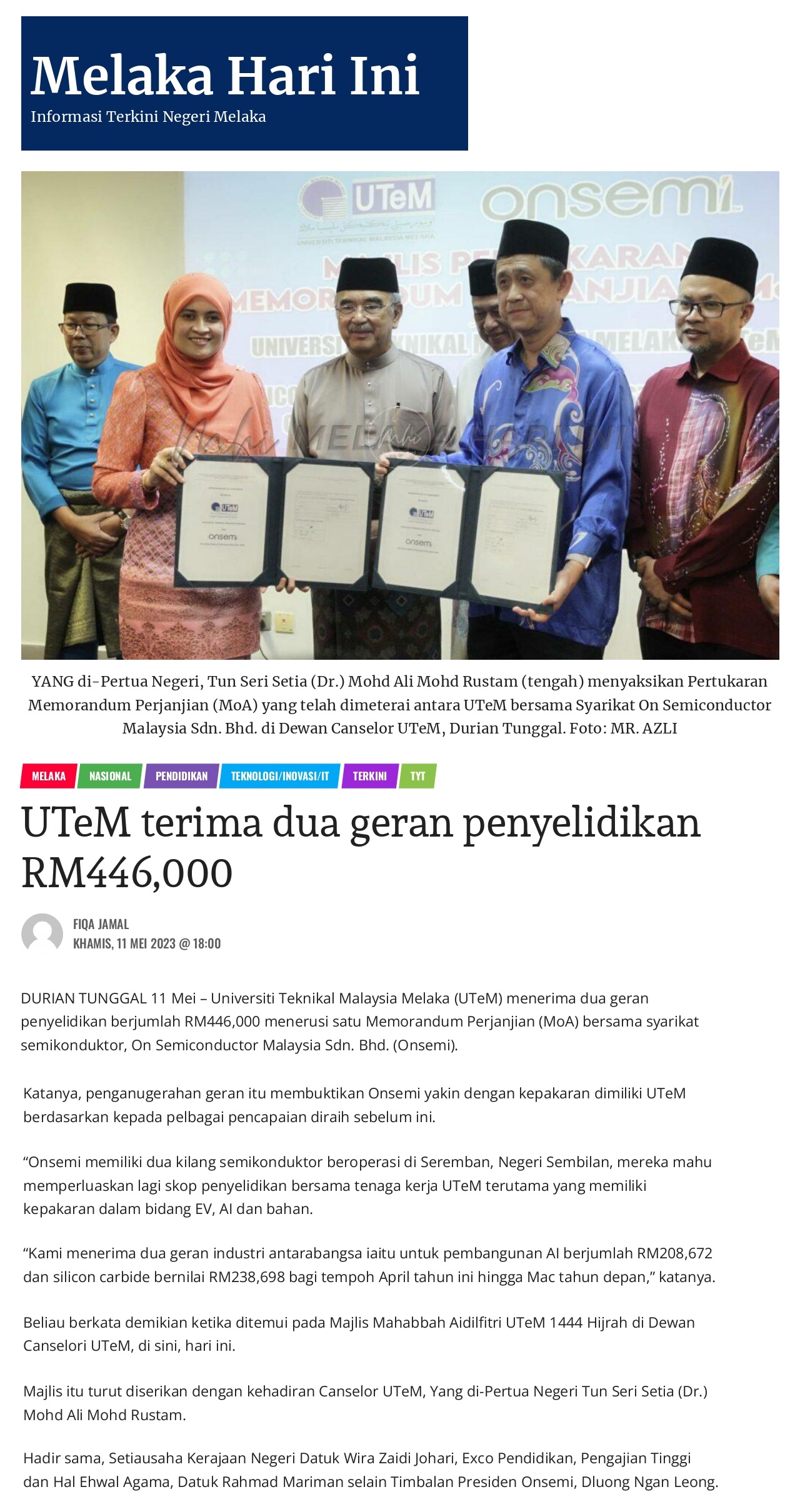 UTeM terima dua geran penyelidikan RM446,000