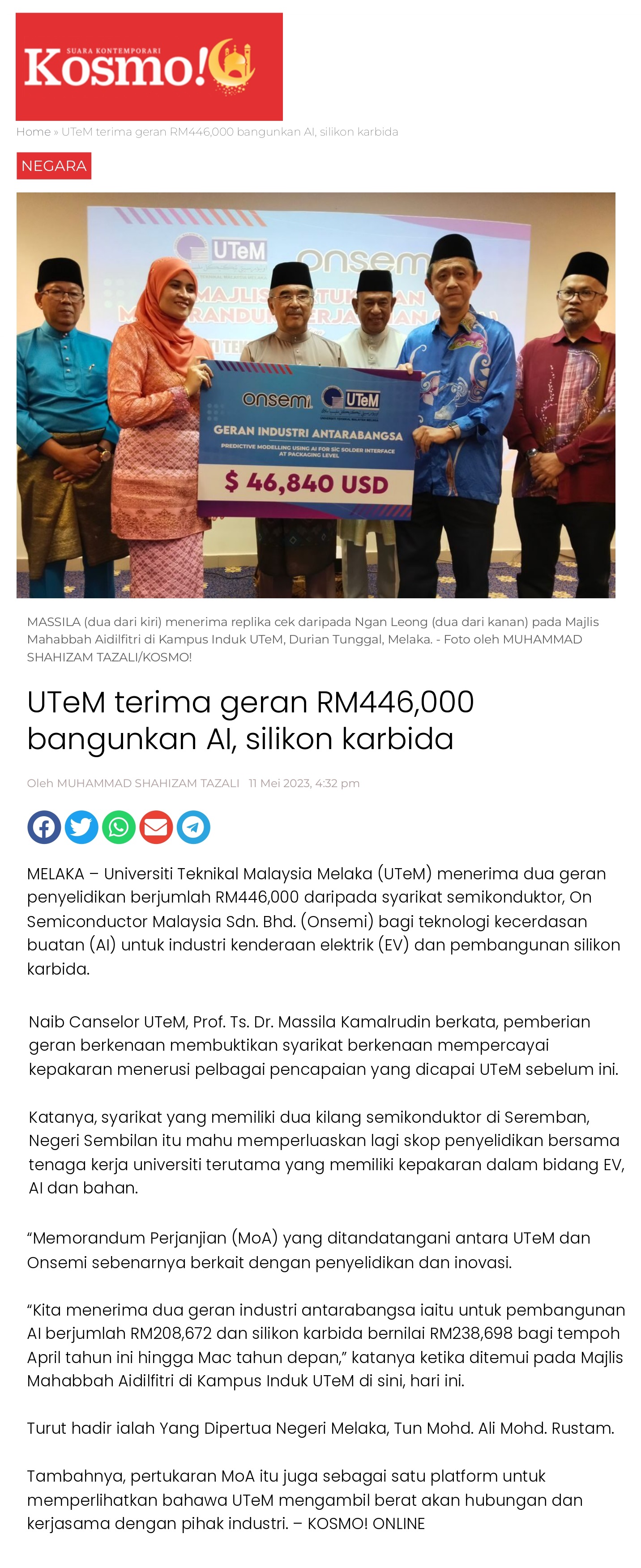 UTeM terima geran RM446,000 bangunkan AI, silikon karbida