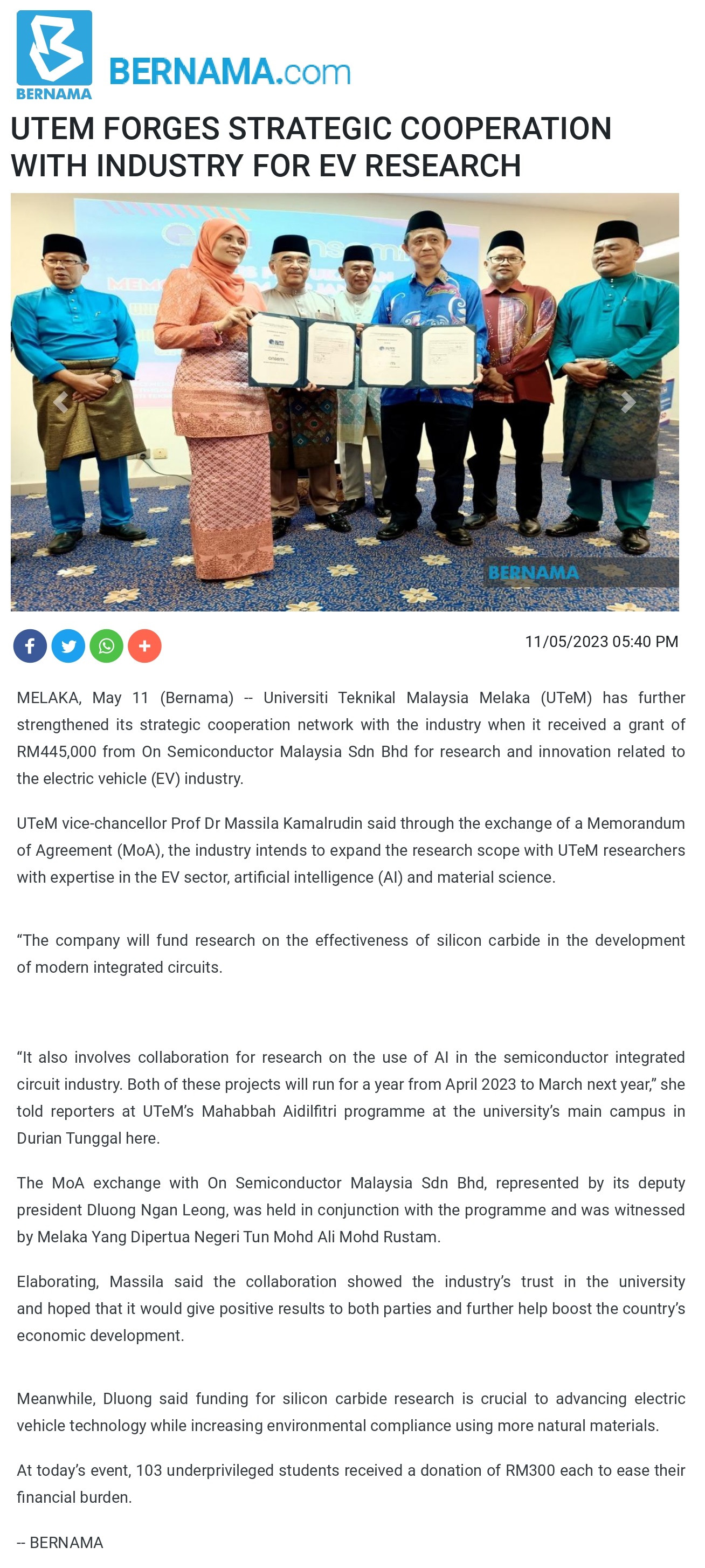 UTEM FORGES STRATEGIC COOPERATION WITH INDUSTRY FOR EV RESEARCH