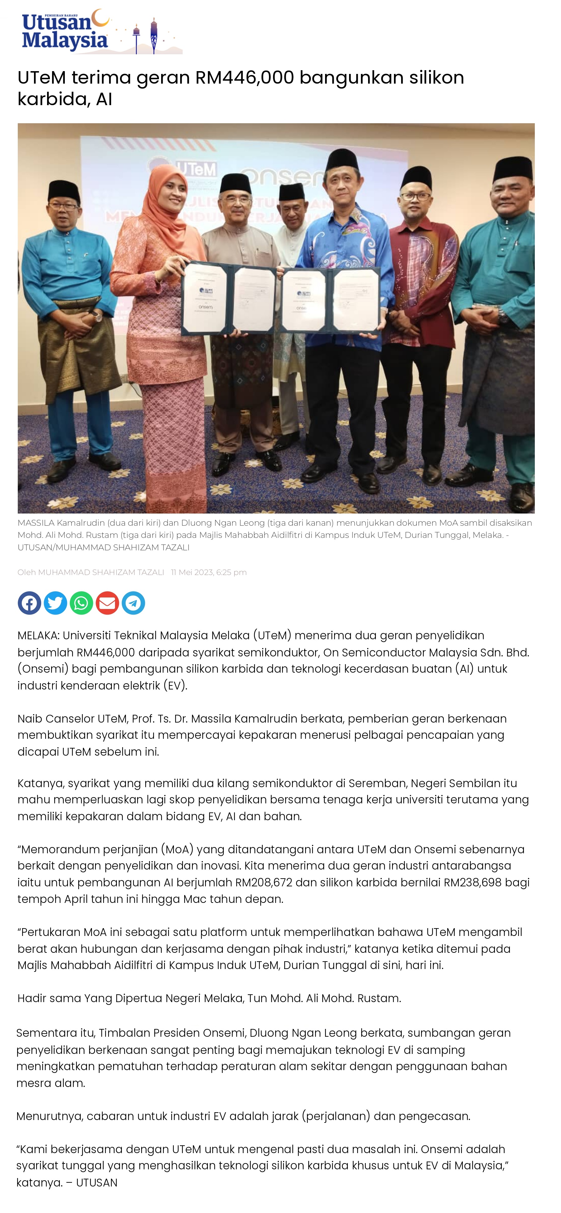 UTeM terima geran RM446,000 bangunkan silikon karbida, AI