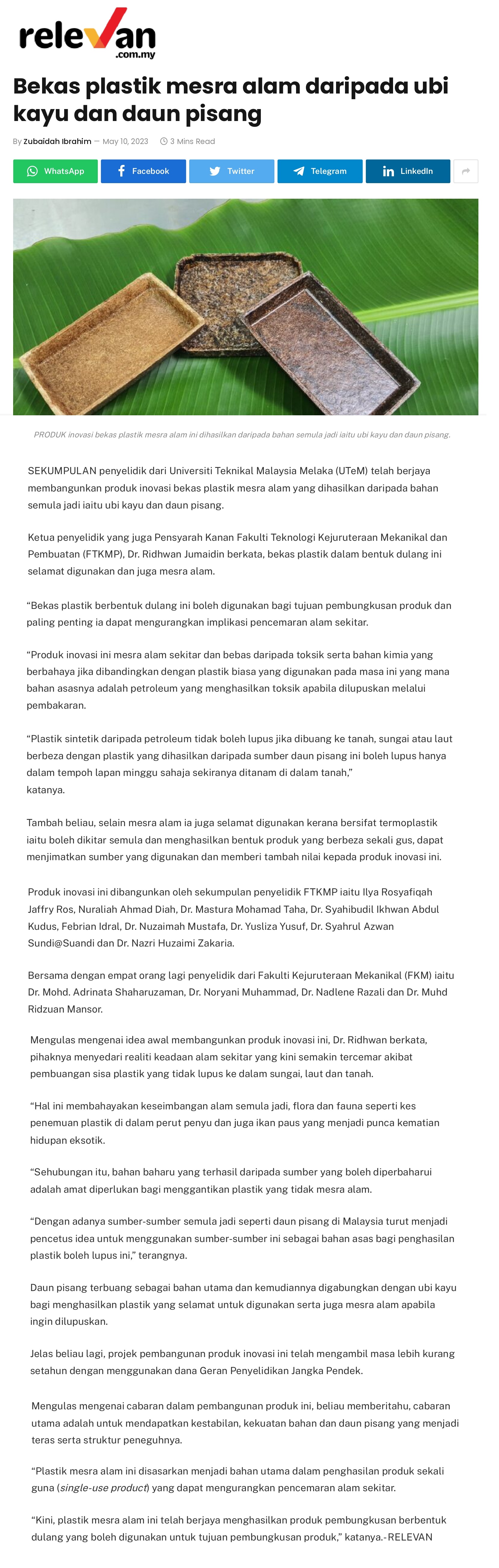 Bekas plastik mesra alam daripada ubi kayu dan daun pisang