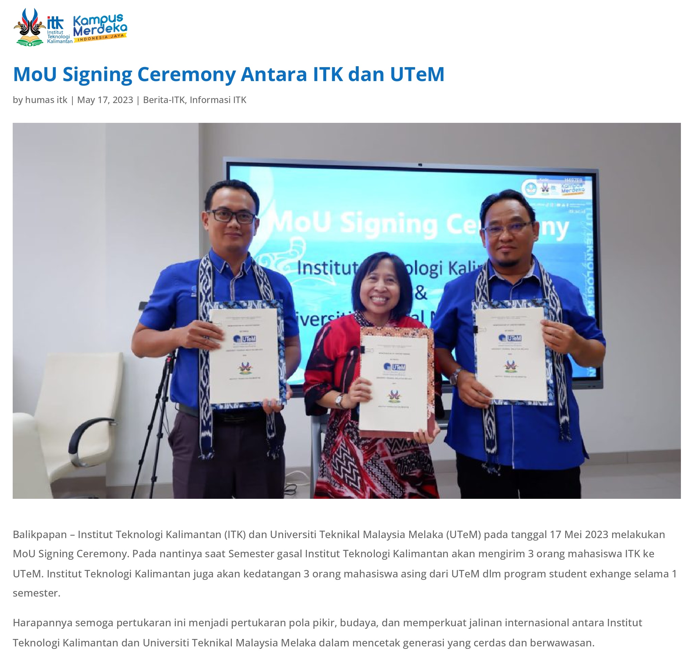 MoU Signing Ceremony Antara ITK dan UTeM
