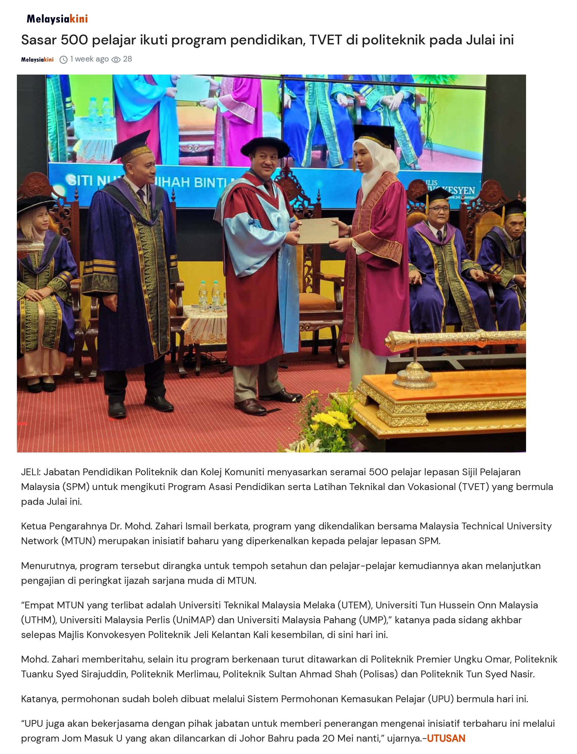 Sasar 500 pelajar ikuti program pendidikan, TVET di politeknik pada Julai ini