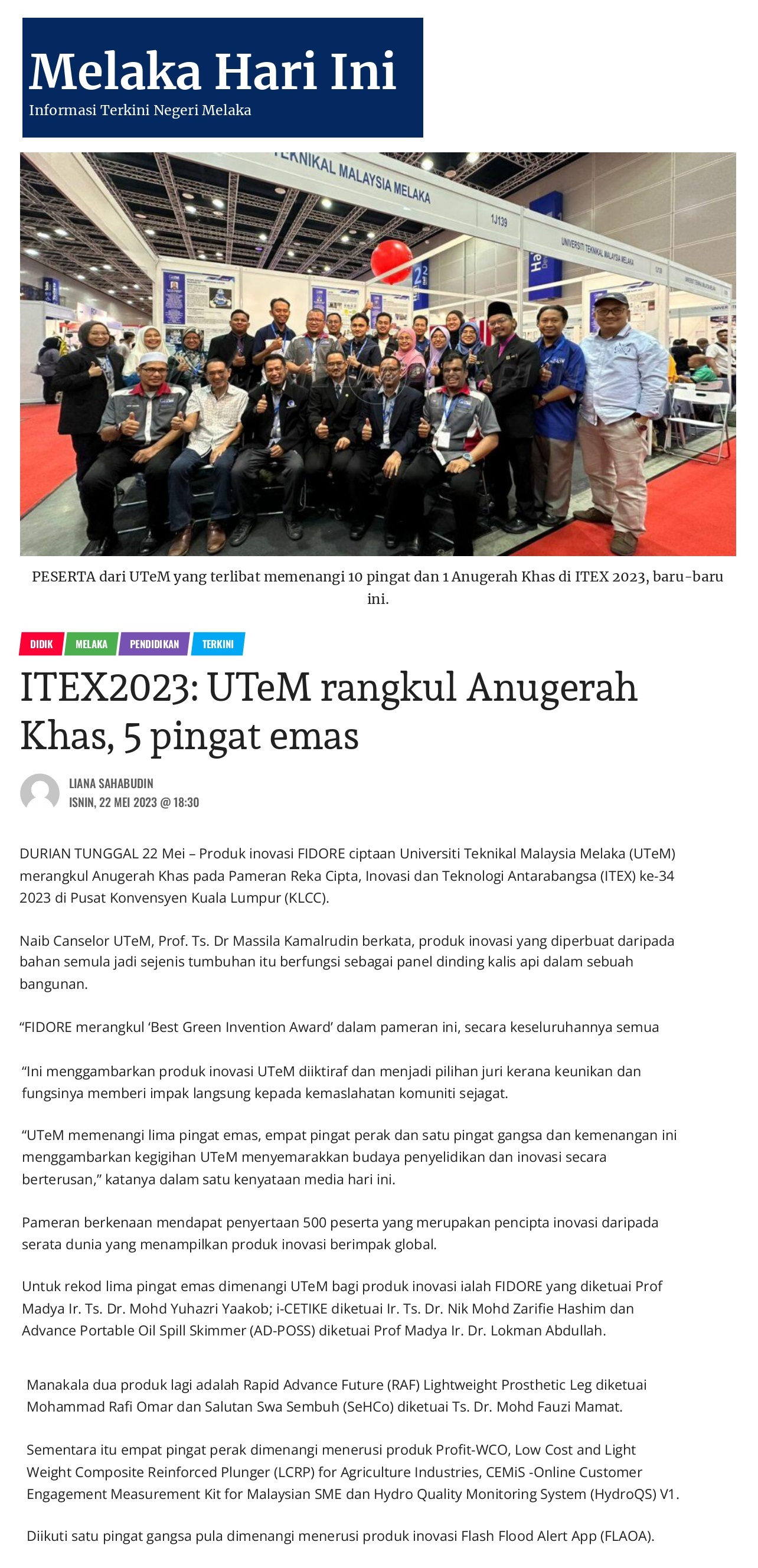 ITEX2023: UTeM rangkul Anugerah Khas, 5 pingat emas