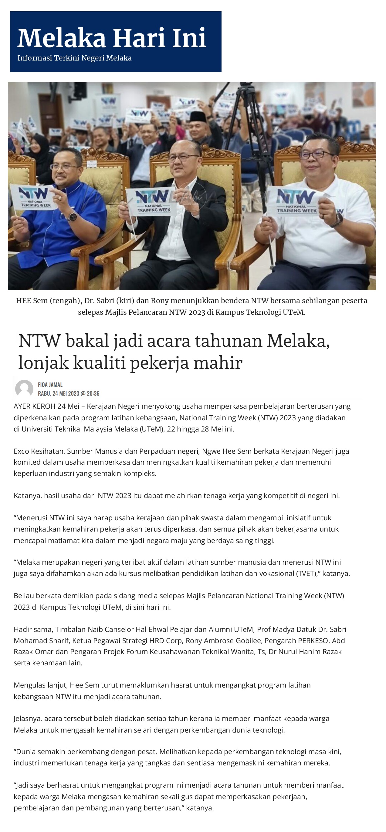 NTW bakal jadi acara tahunan Melaka, lonjak kualiti pekerja mahir