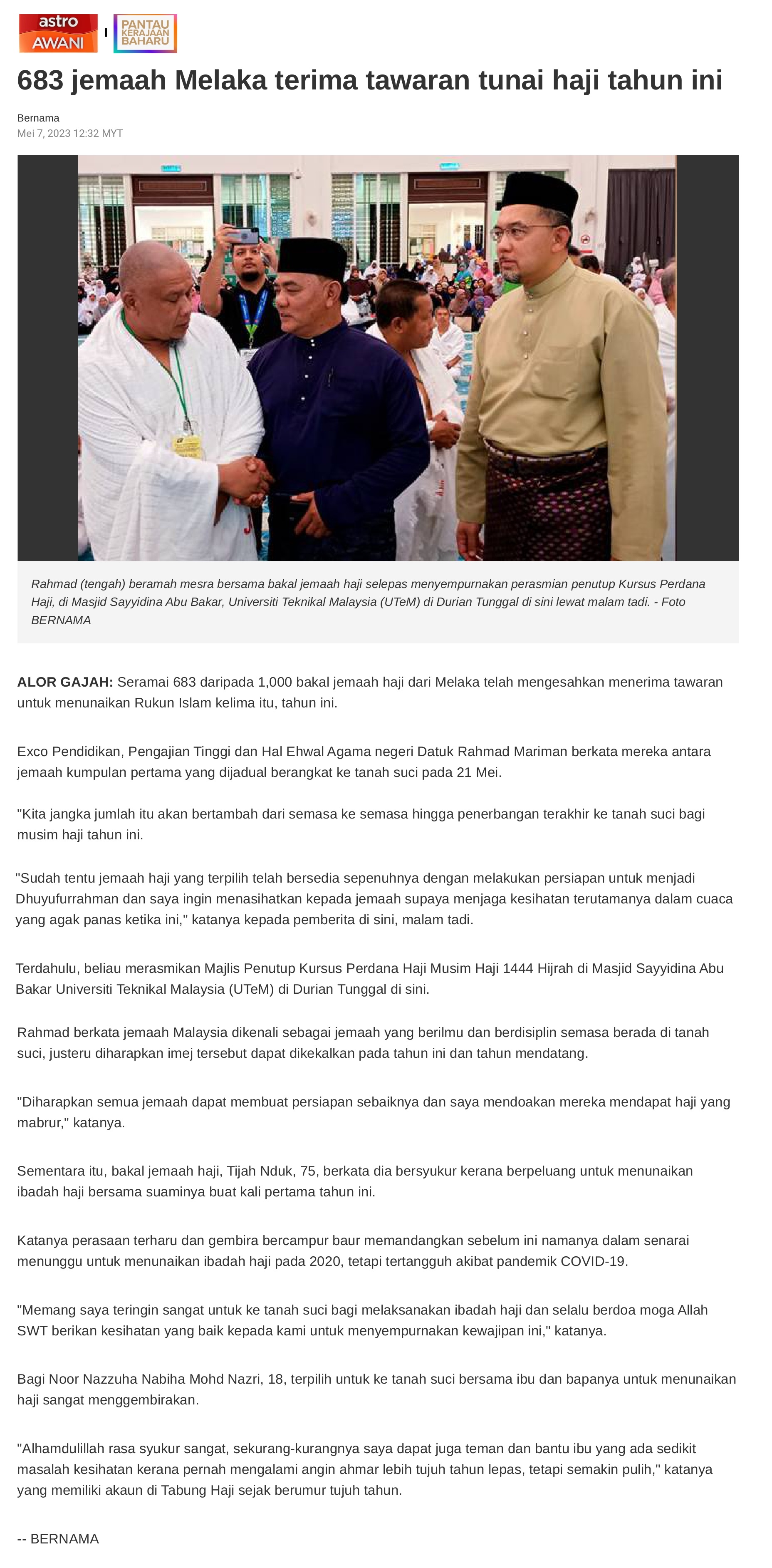 683 jemaah Melaka terima tawaran tunai haji tahun ini