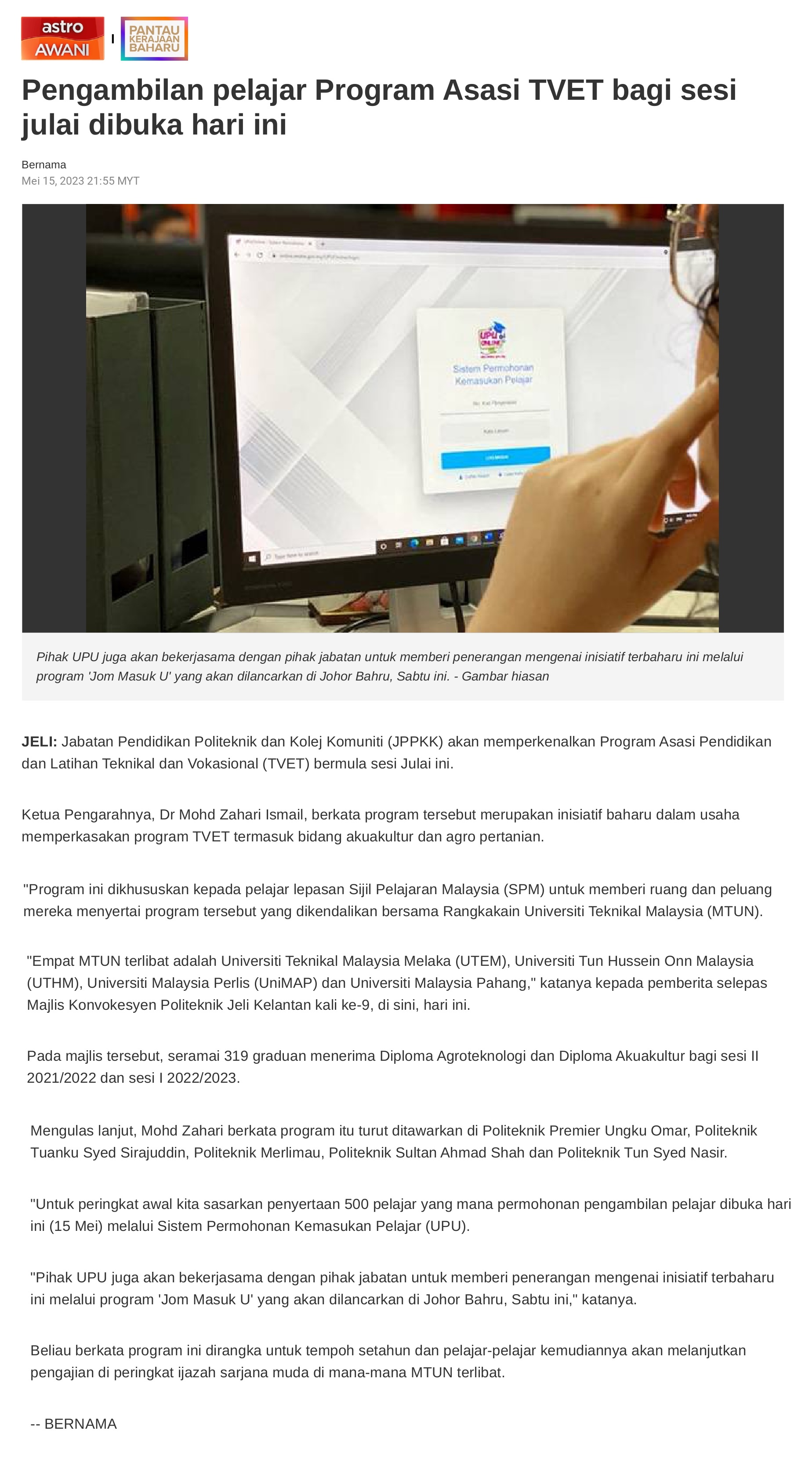 Pengambilan pelajar Program Asasi TVET bagi sesi julai dibuka hari ini