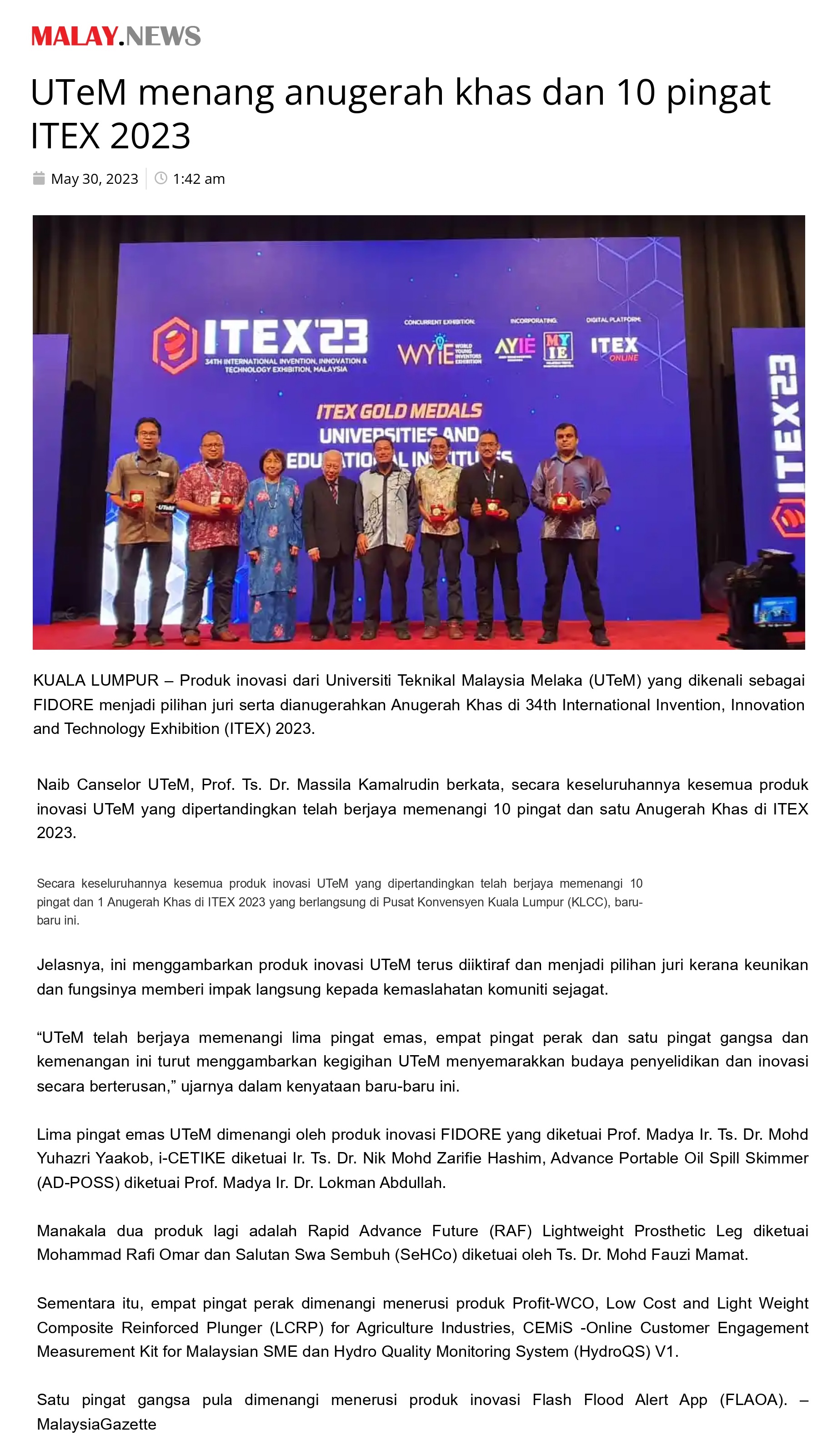 UTeM menang anugerah khas dan 10 pingat ITEX 2023