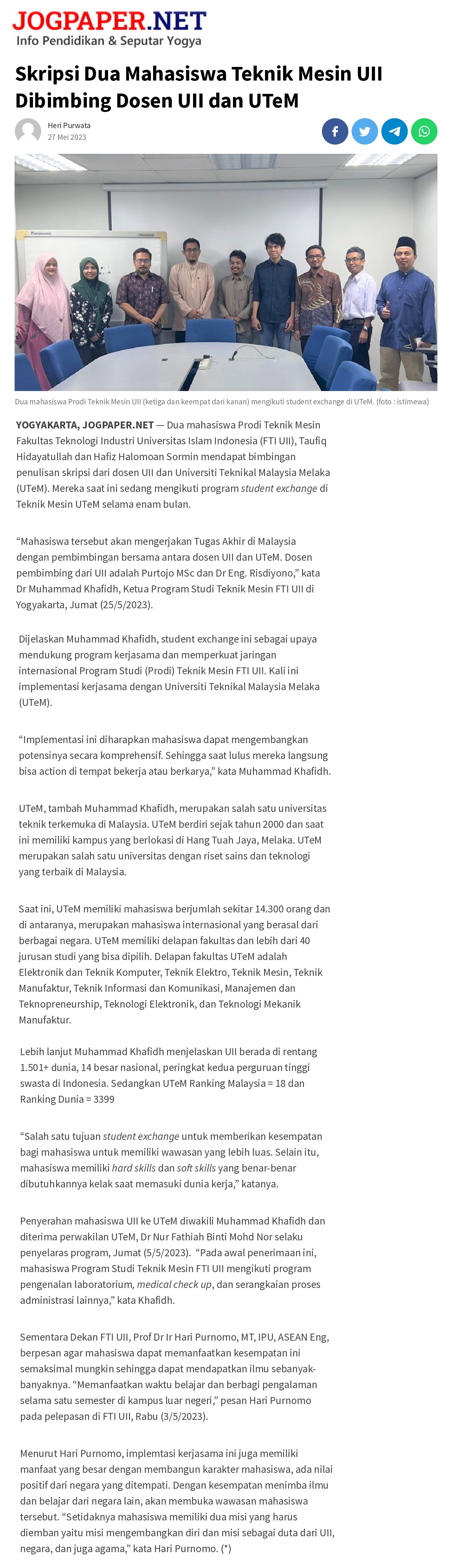 Skripsi Dua Mahasiswa Teknik Mesin UII Dibimbing Dosen UII dan UTeM