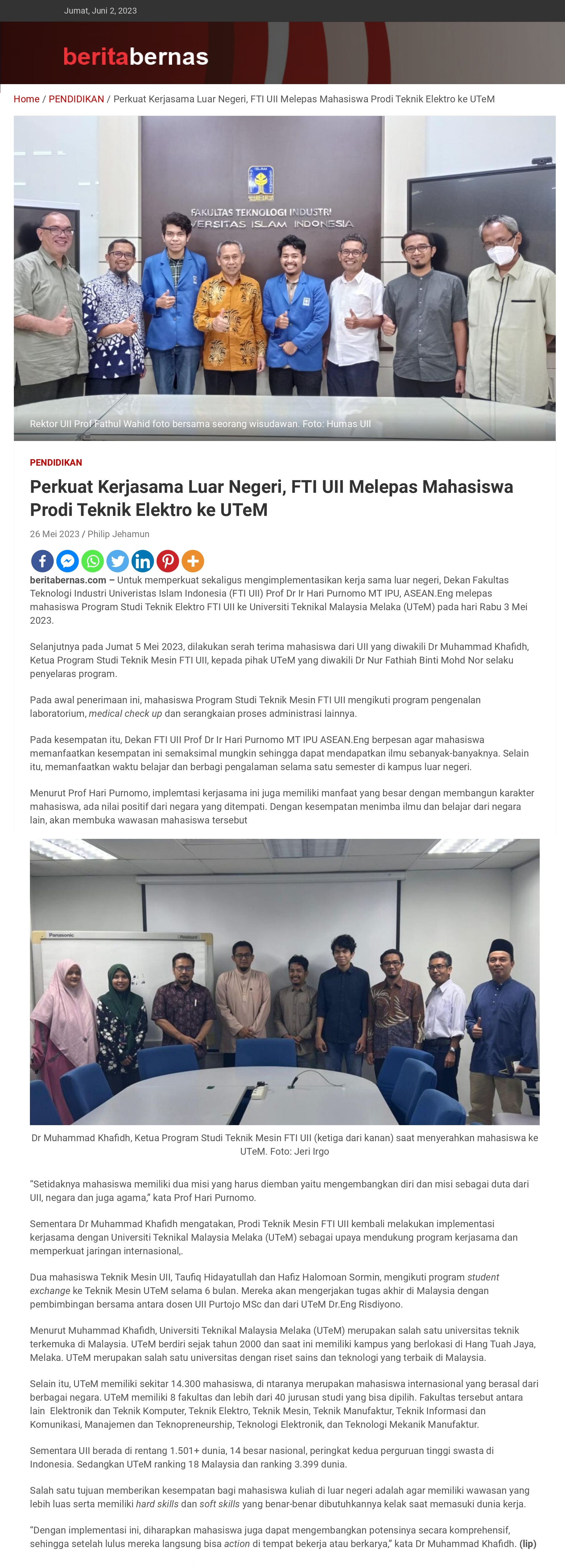 Perkuat Kerjasama Luar Negeri, FTI UII Melepas Mahasiswa Prodi Teknik Elektro ke UTeM.