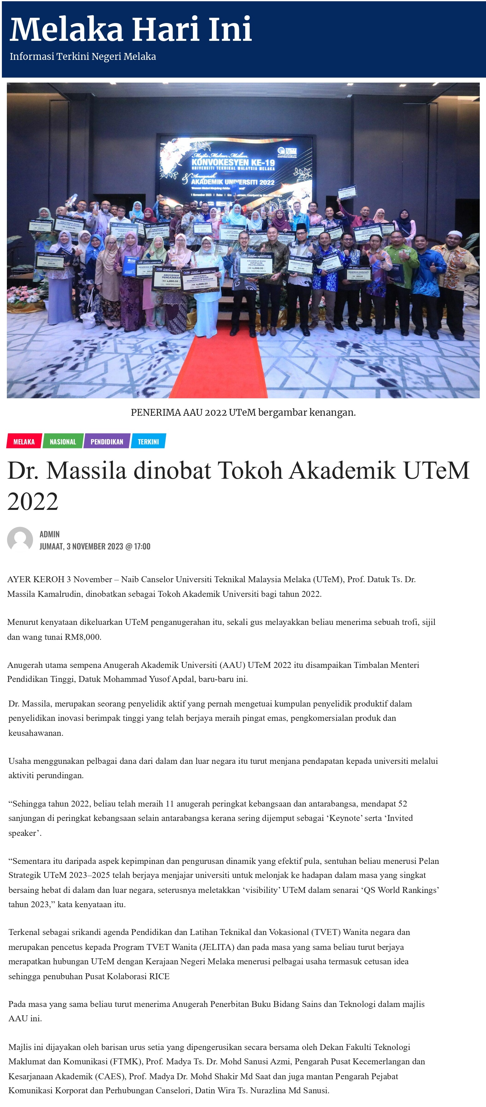 Dr. Massila dinobat Tokoh Akademik UTeM 2022