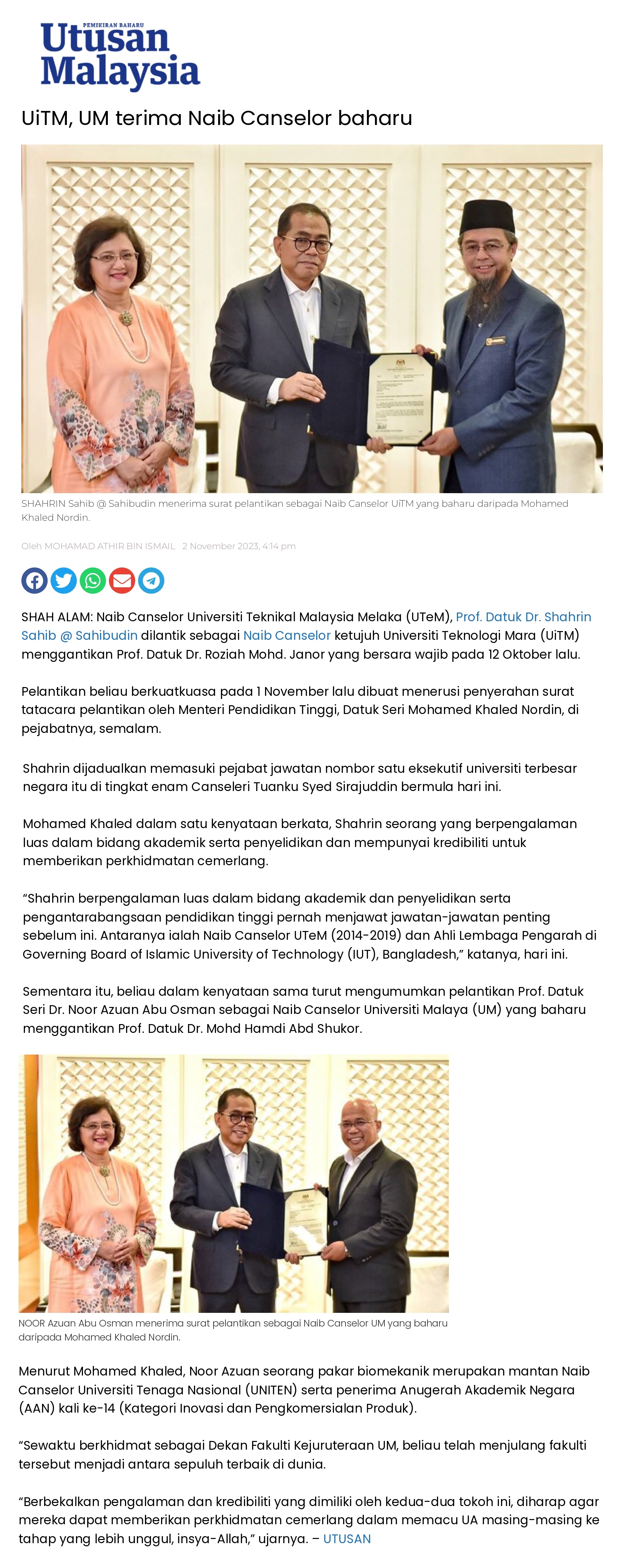 UiTM, UM terima Naib Canselor baharu