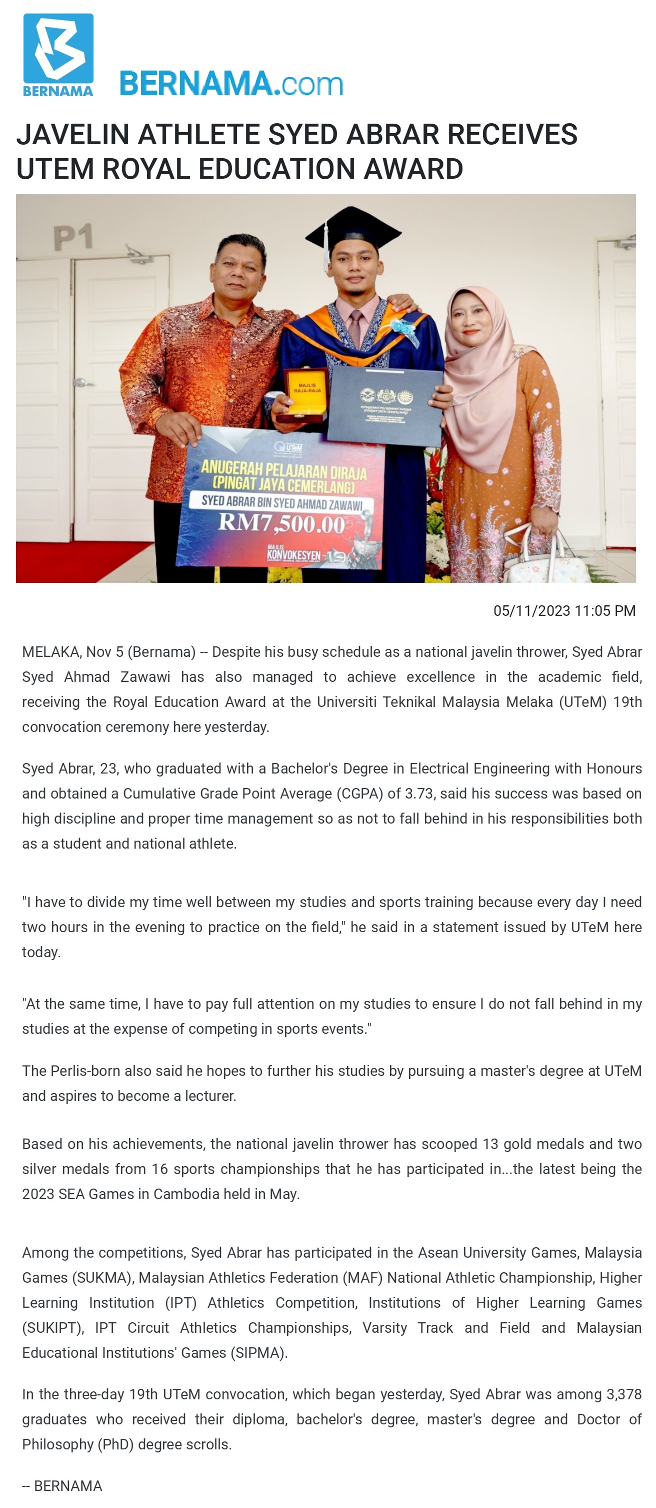 BERNAMA - JAVELIN ATHLETE SYED ABRAR RECEIVES UTEM ROYAL EDUCATION AWARD