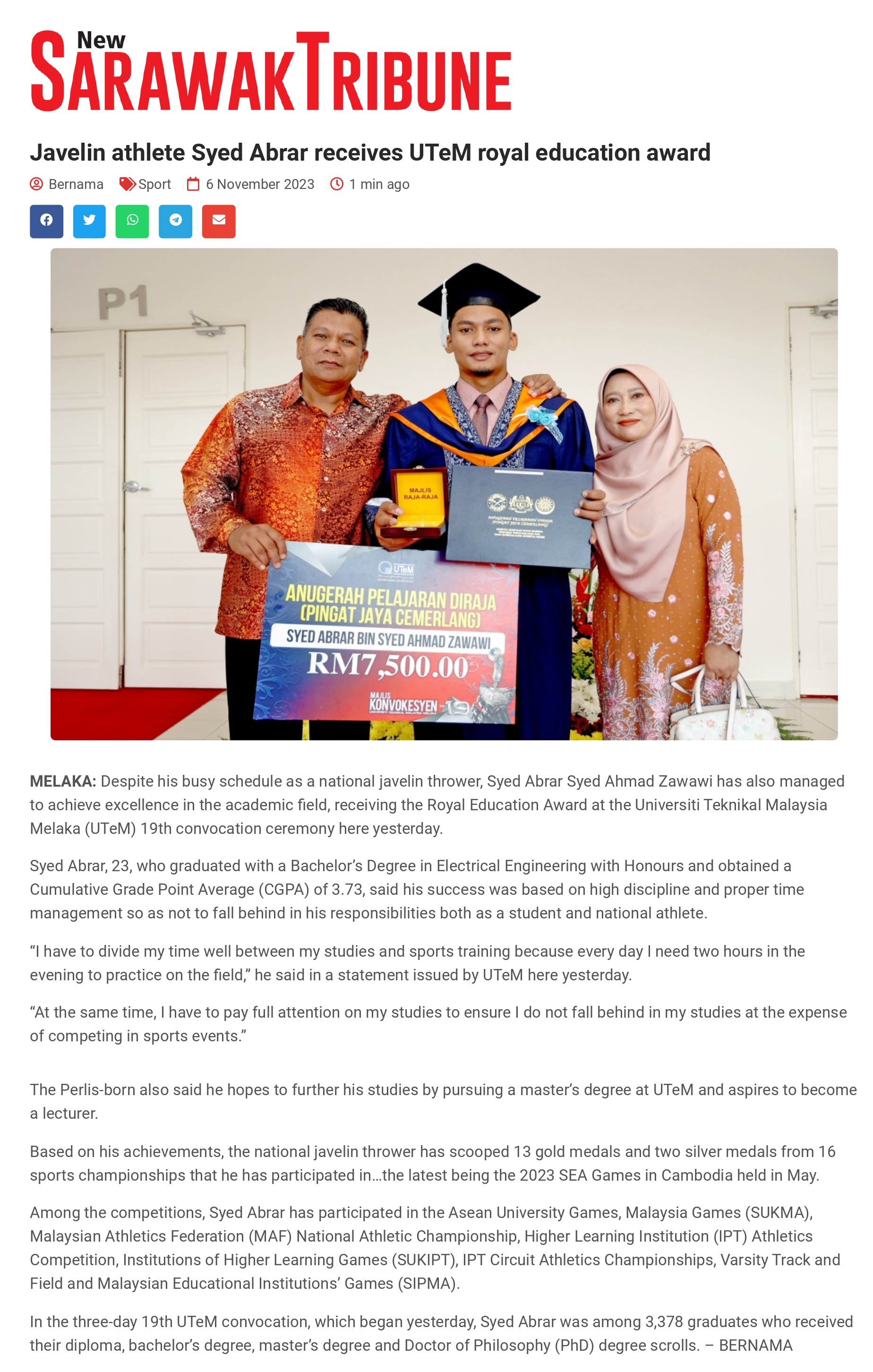 Javelin athlete Syed Abrar receives UTeM royal education award