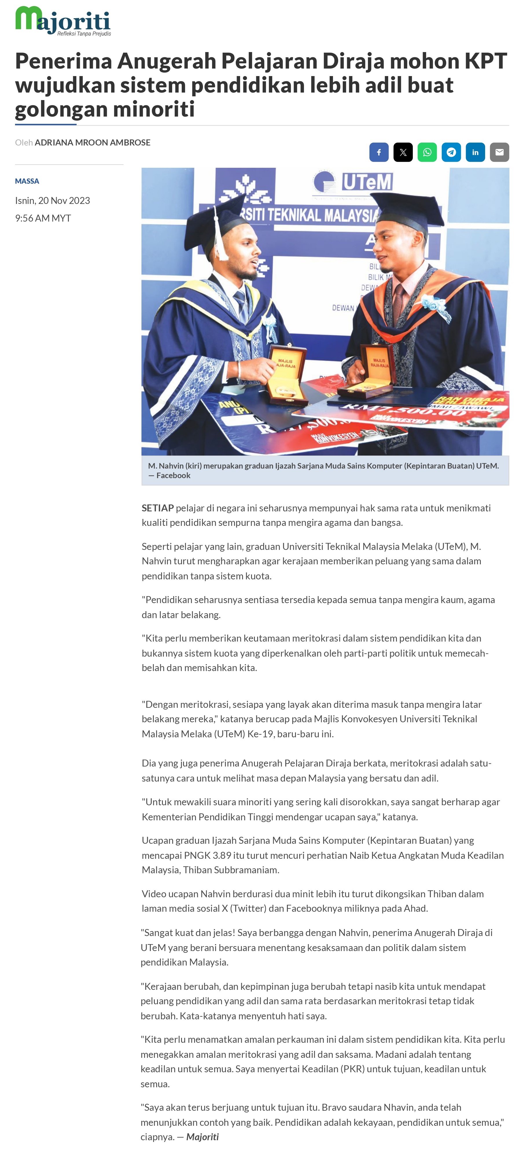 Penerima Anugerah Pelajaran Diraja mohon KPT wujudkan sistem pendidikan lebih adil buat golongan minority