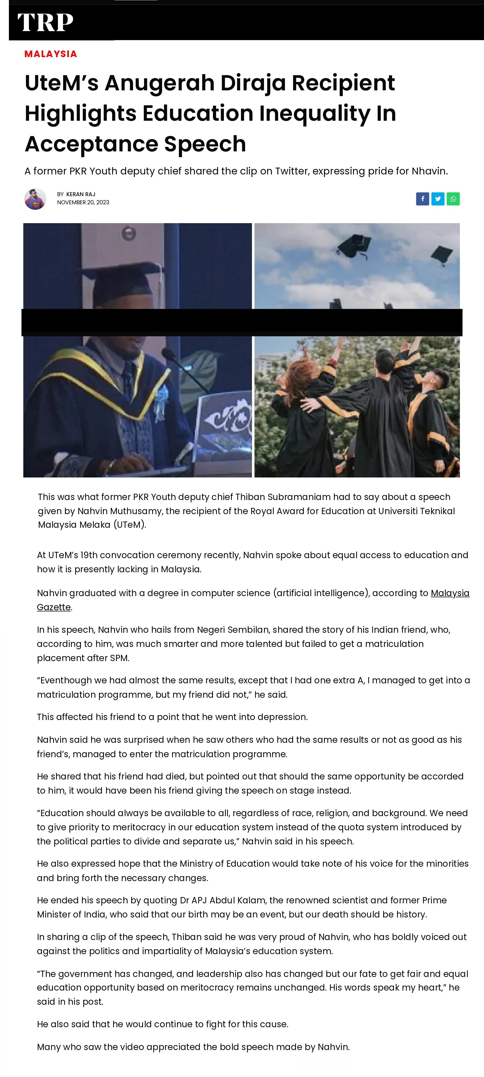 UteM’s Anugerah Diraja Recipient Highlights Education Inequality In Acceptance Speech