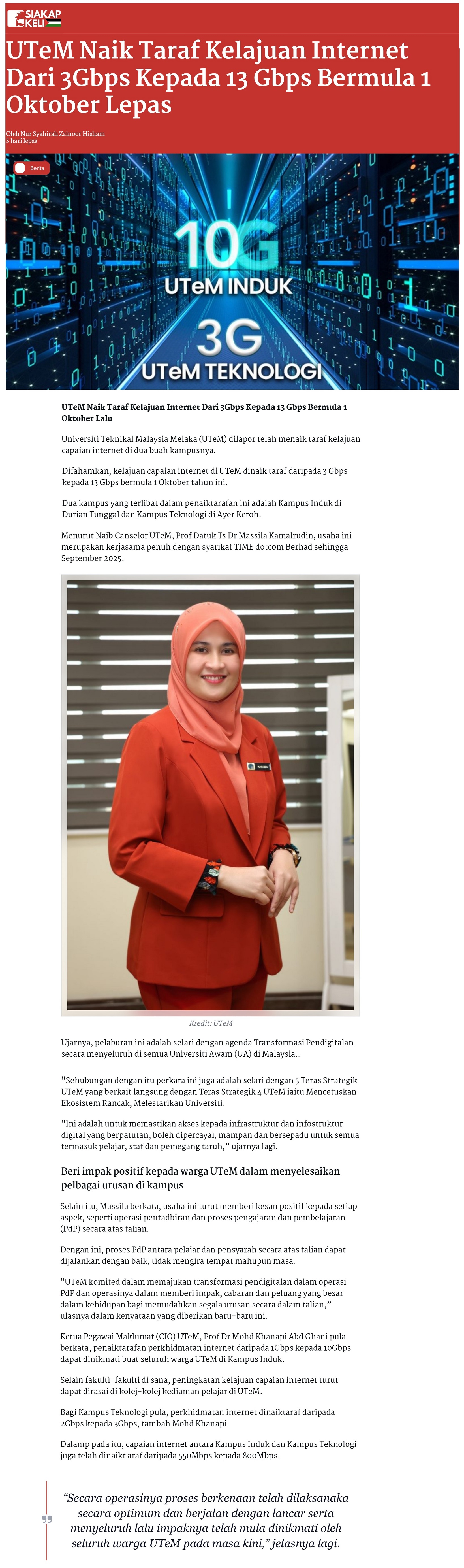 UTeM Naik Taraf Kelajuan Internet Dari 3Gbps Kepada 13 Gbps Bermula 1 Oktober Lepas