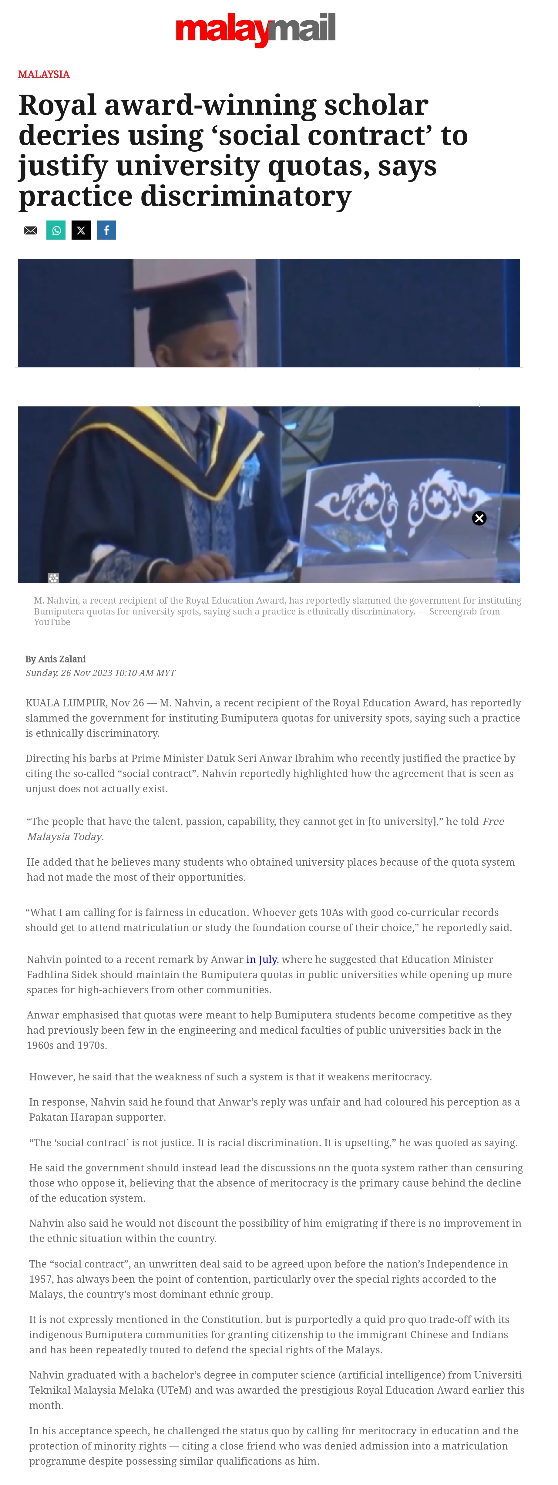 Royal award-winning scholar decries using ‘social contract’ to justify university quotas, says practice discriminatory