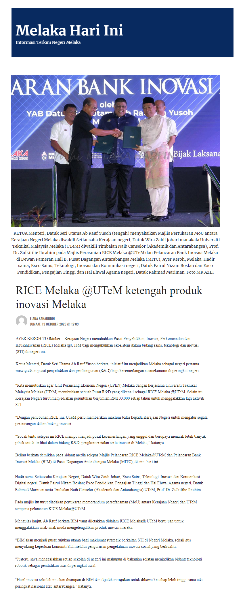 RICE Melaka @UTeM ketengah produk inovasi Melaka