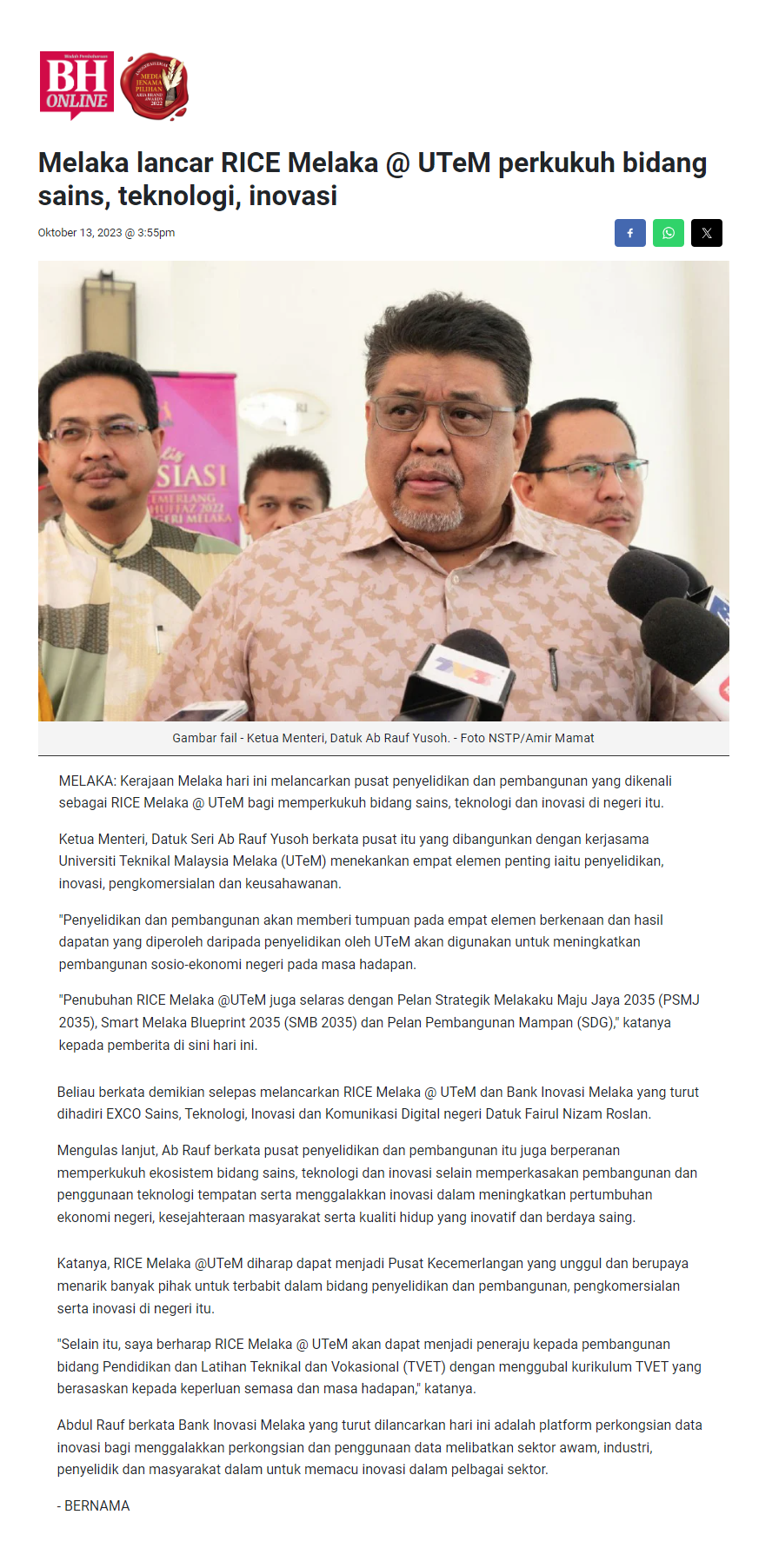 Melaka lancar RICE Melaka @ UTeM perkukuh bidang sains, teknologi, inovasi