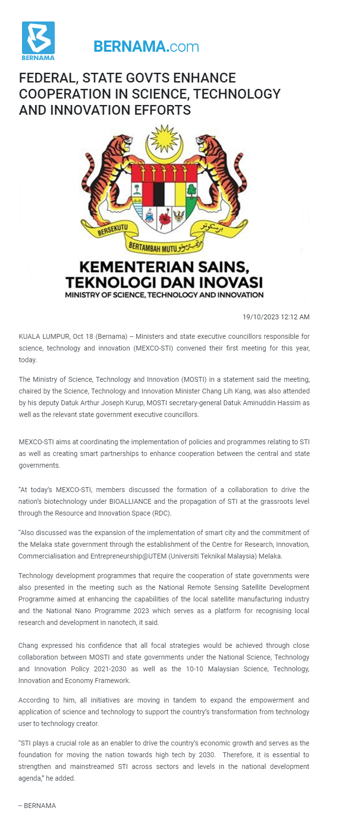 FEDERAL, STATE GOVTS ENHANCE COOPERATION IN SCIENCE, TECHNOLOGY AND INNOVATION EFFORTS