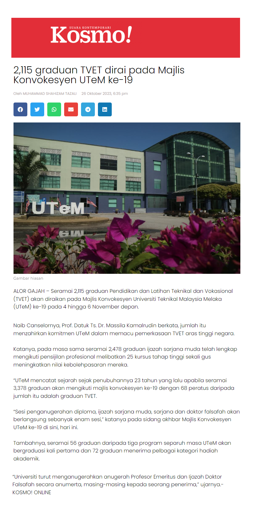 2,115 graduan TVET dirai pada Majlis Konvokesyen UTeM ke-19