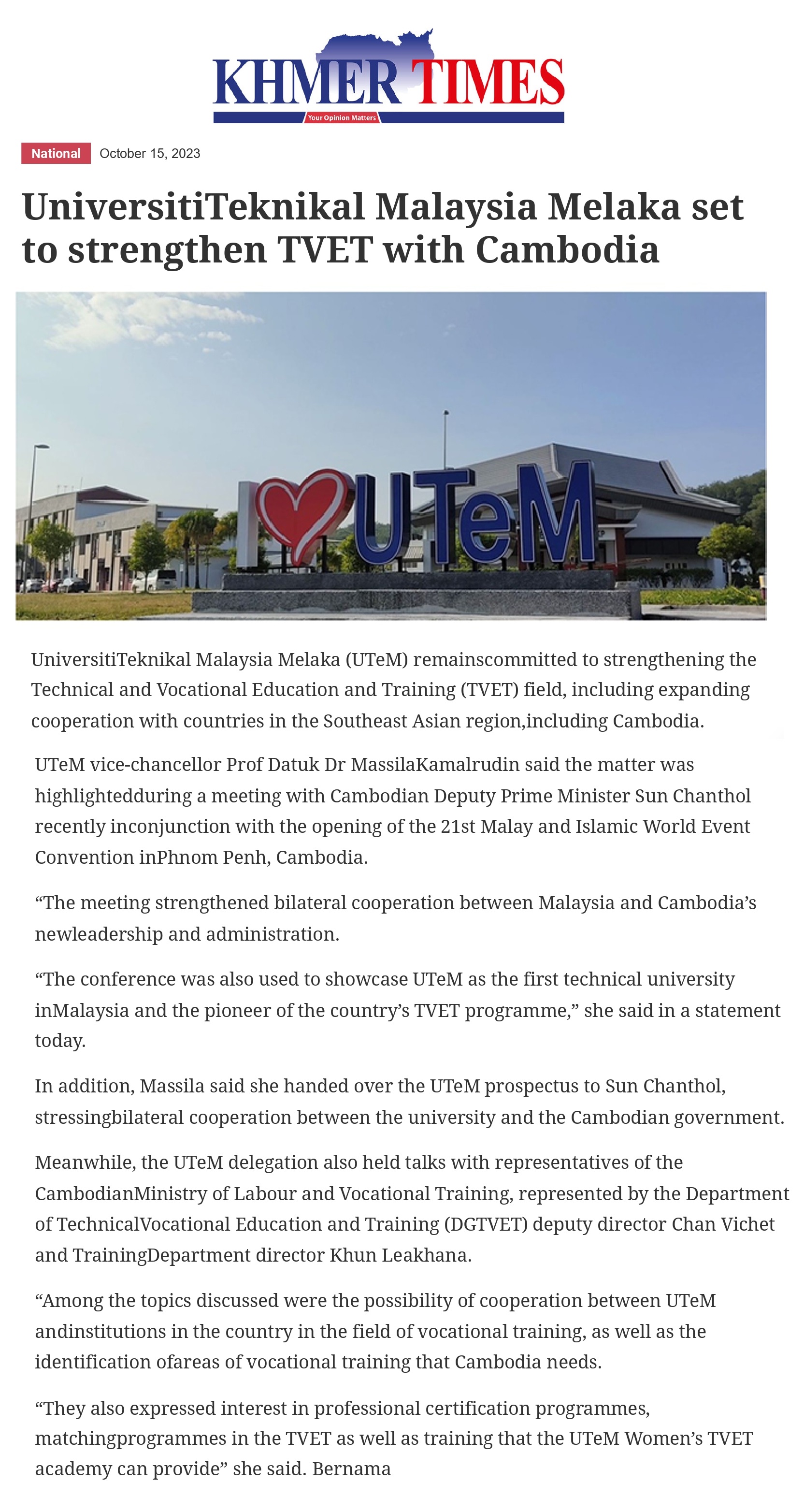 UniversitiTeknikal Malaysia Melaka set to strengthen TVET with Cambodia