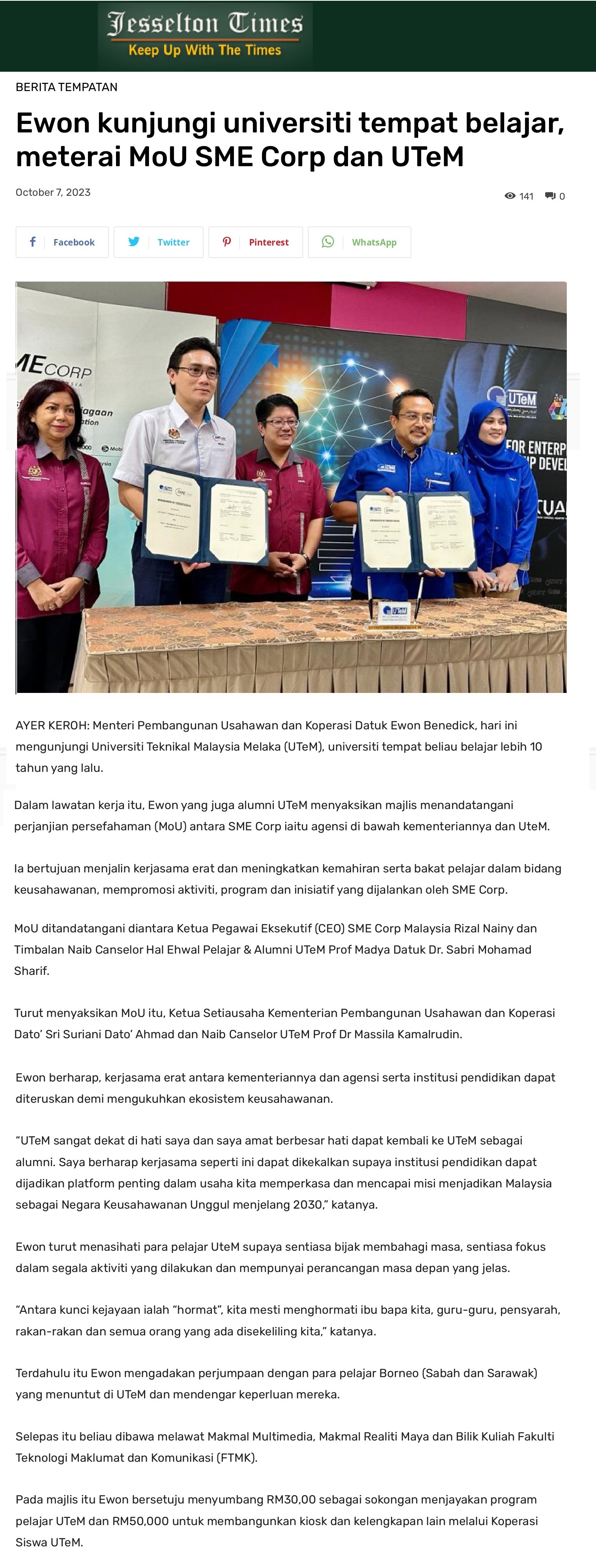 Ewon kunjungi universiti tempat belajar, meterai MoU SME Corp dan UTeM