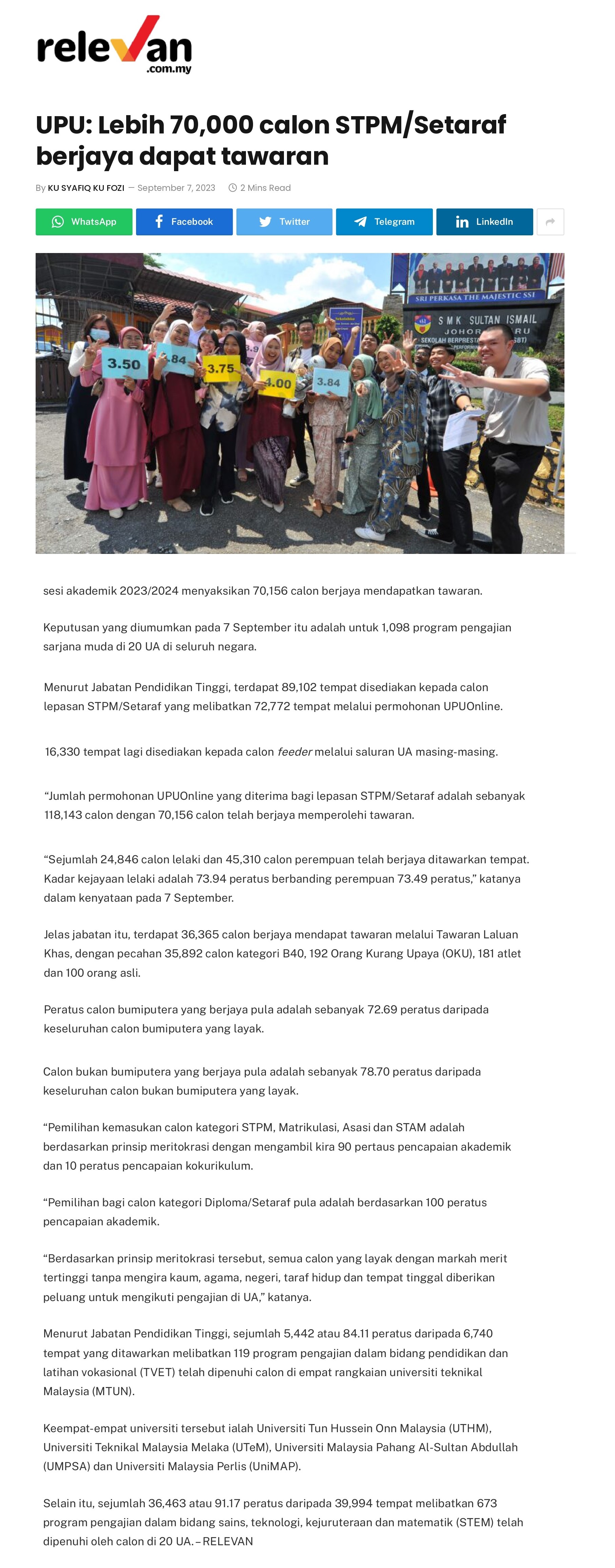 UPU: Lebih 70,000 calon STPM/Setaraf berjaya dapat tawaran