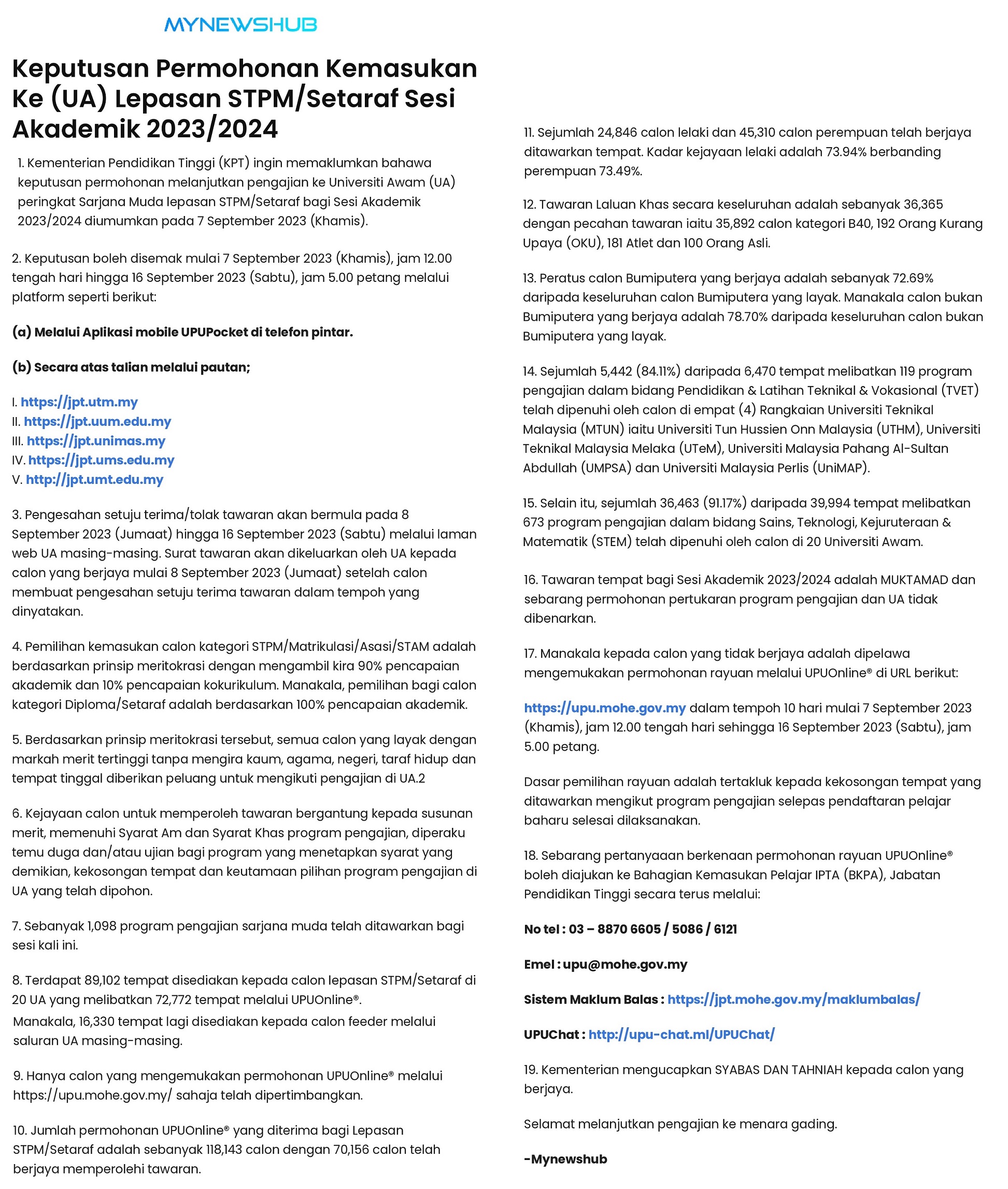 Keputusan Permohonan Kemasukan Ke (UA) Lepasan STPM/Setaraf Sesi Akademik 2023/2024