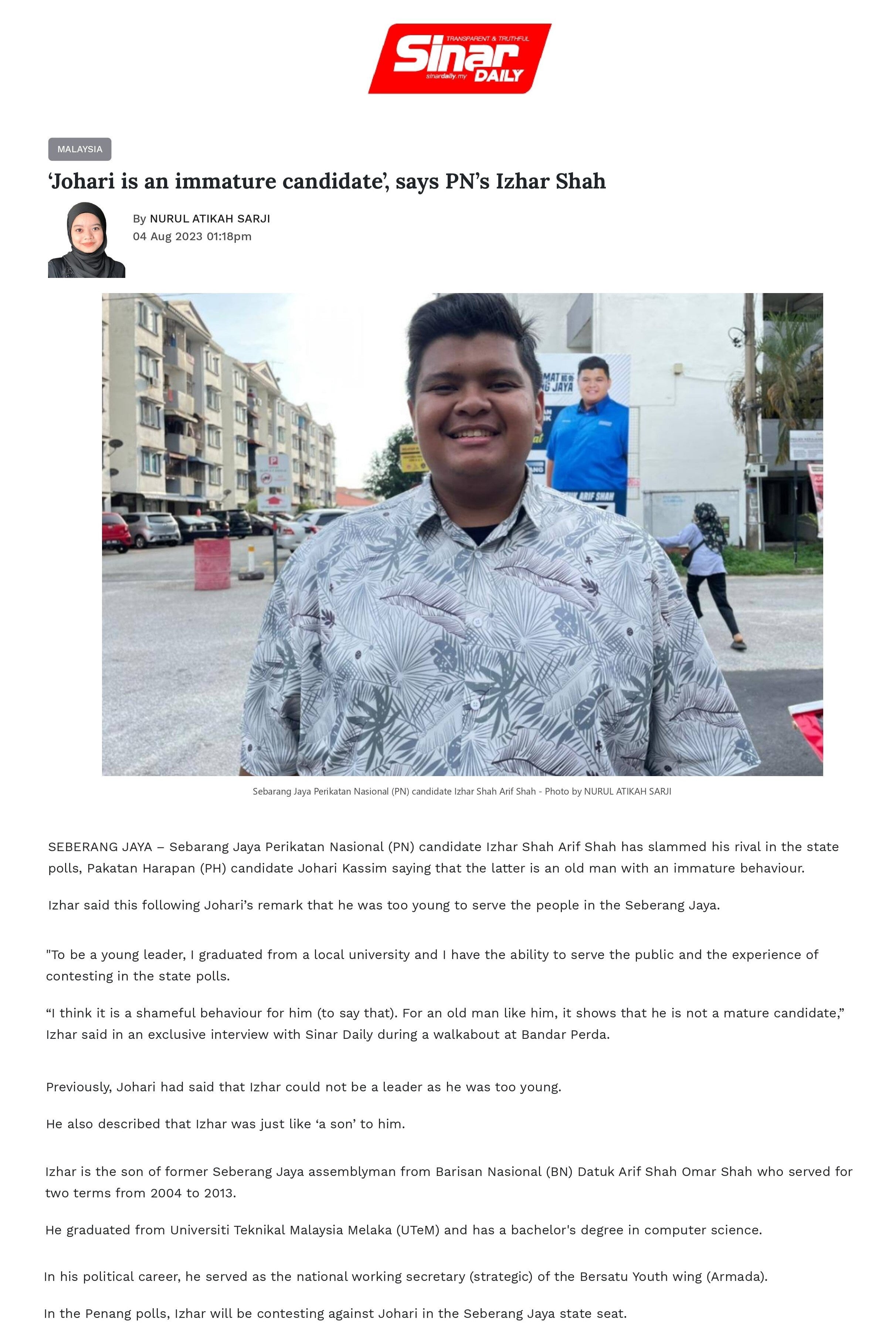 Johari is an immature candidate’, says PN’s Izhar Shah