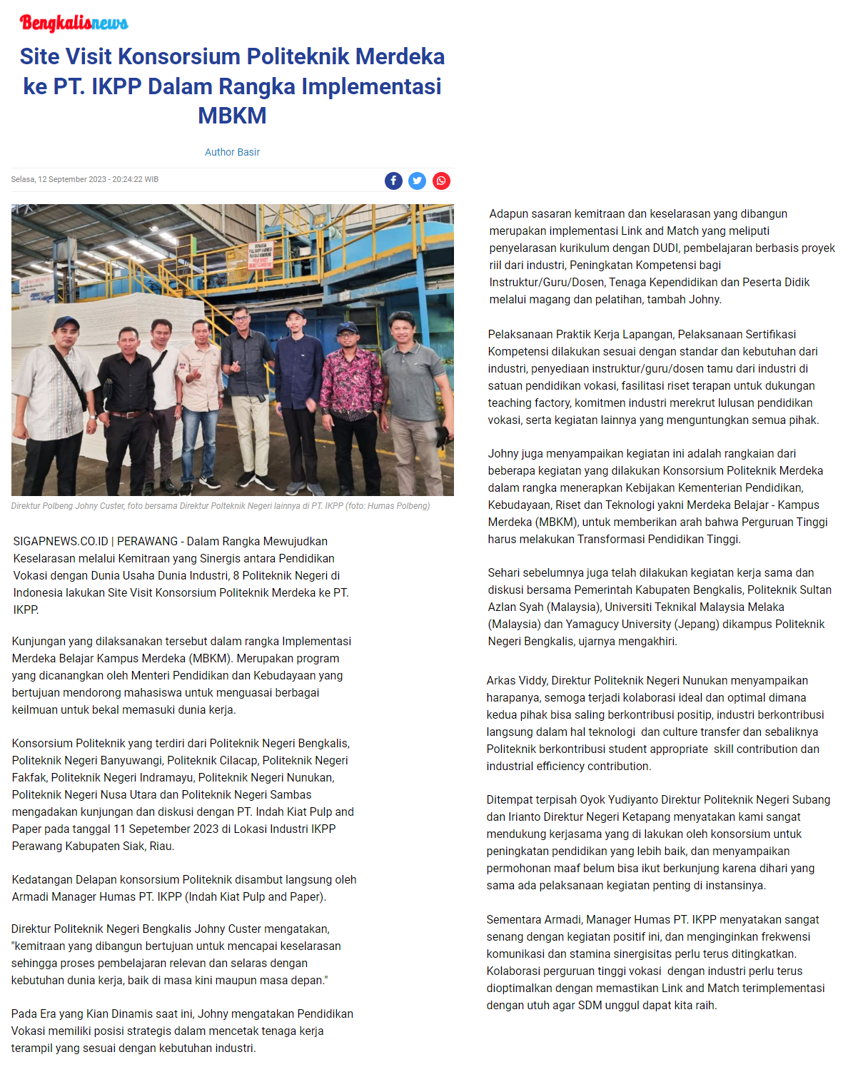 Site Visit Konsorsium Politeknik Merdeka ke PT. IKPP Dalam Rangka Implementasi MBKM