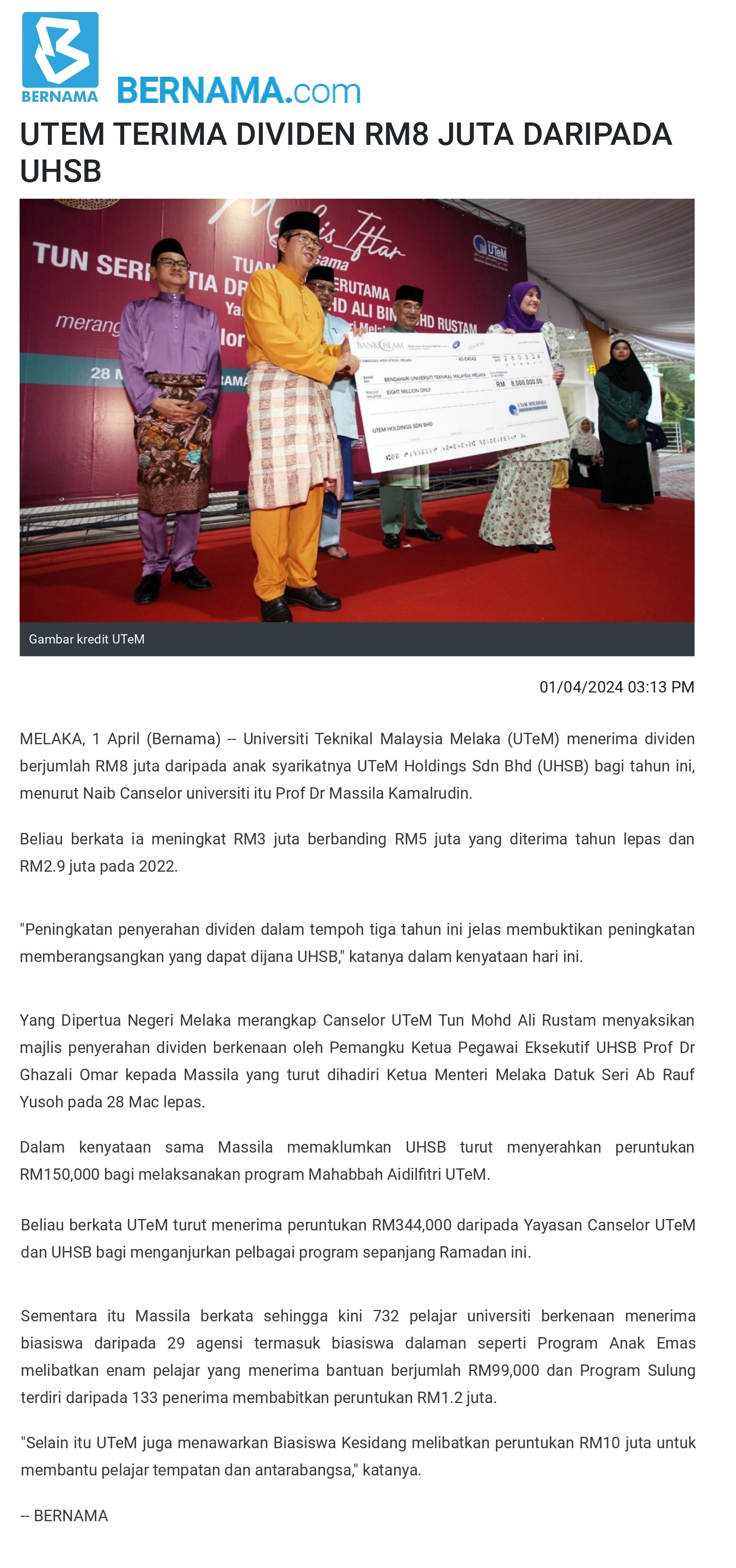 UTEM TERIMA DIVIDEN RM8 JUTA DARIPADA UHSB