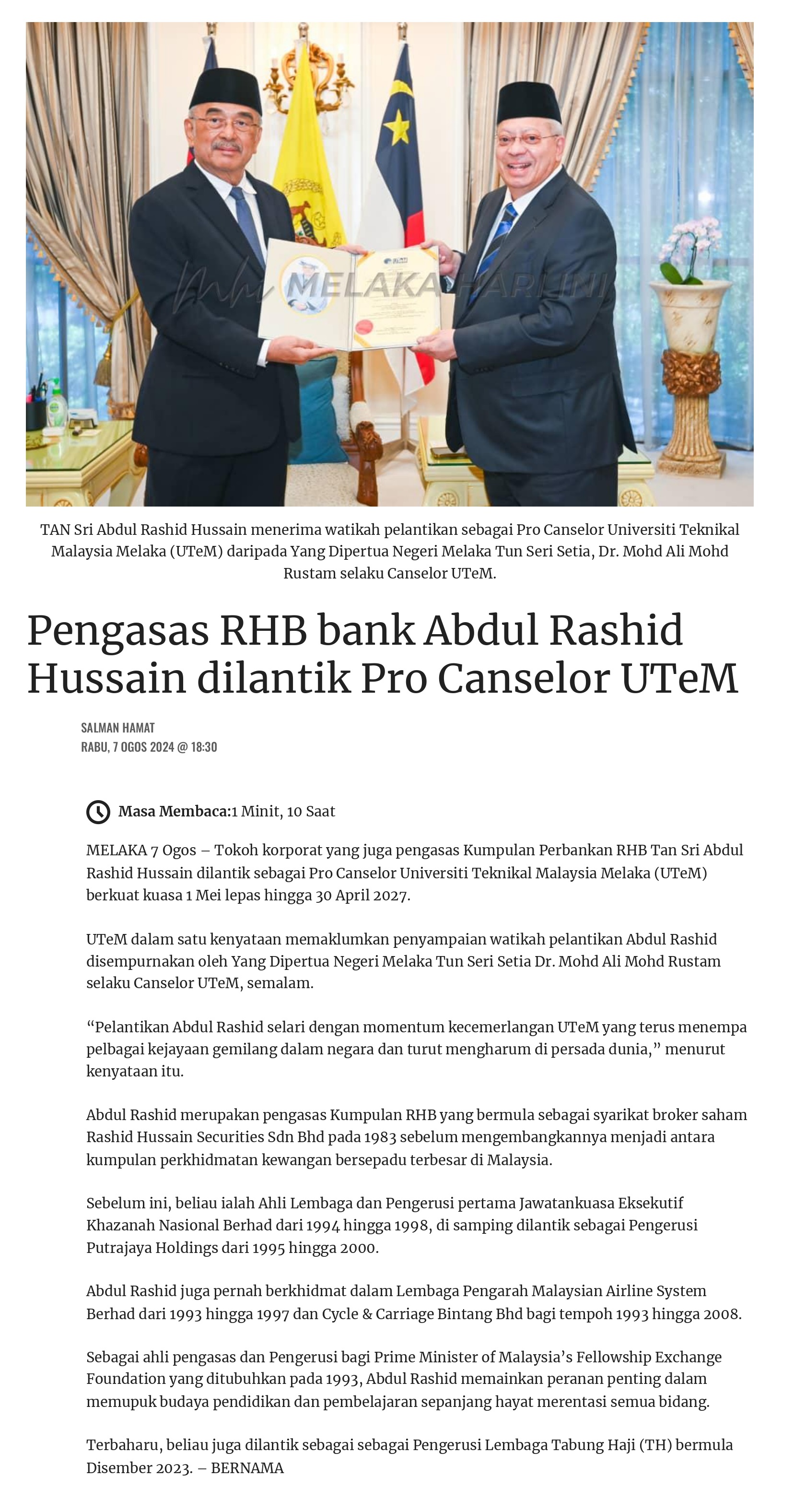 Pengasas RHB bank Abdul Rashid Hussain dilantik Pro Canselor UTeM