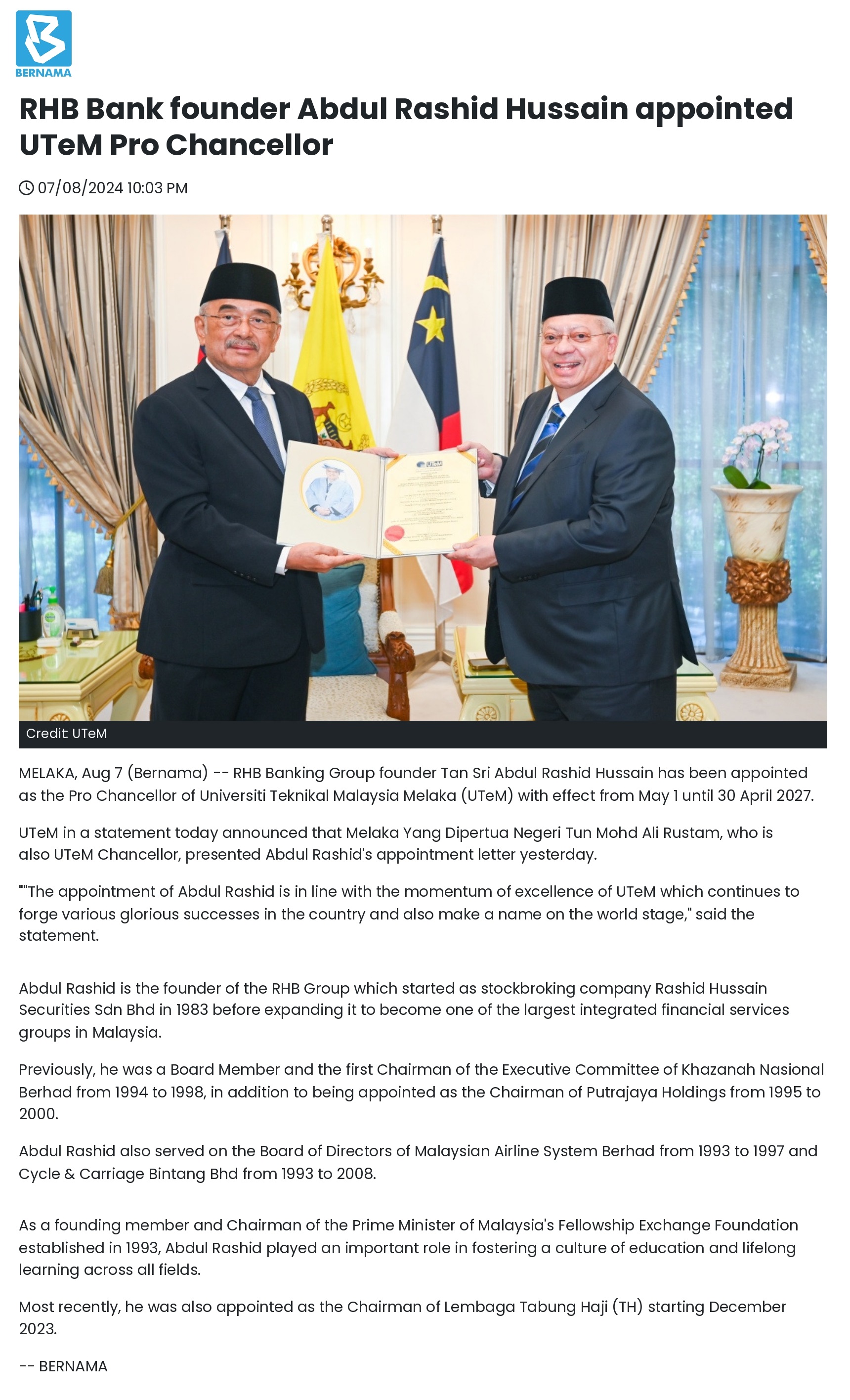 RHB Bank founder Abdul Rashid Hussain appointed UTeM Pro Chancellor