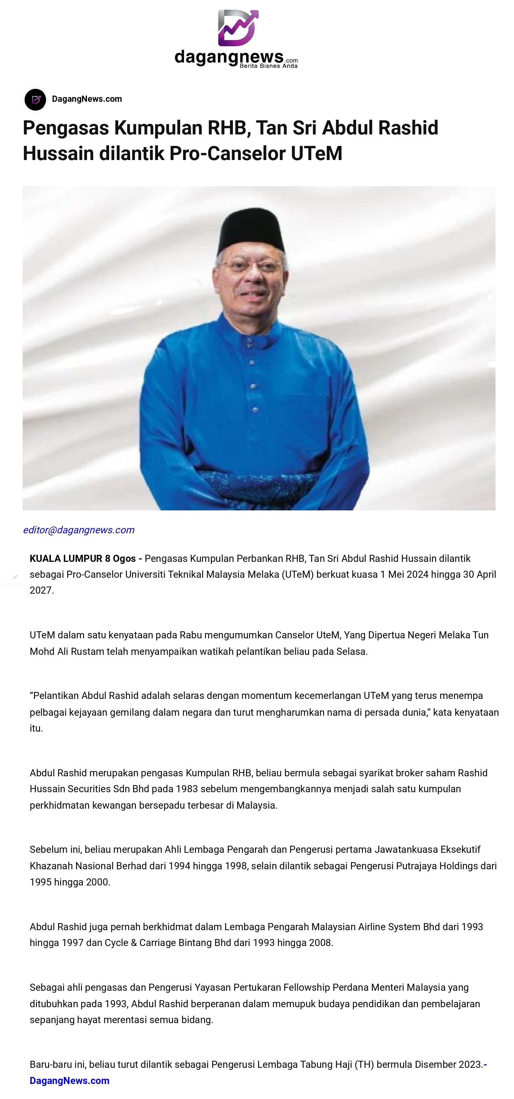 Pengasas Kumpulan RHB, Tan Sri Abdul Rashid Hussain dilantik Pro-Canselor UTeM