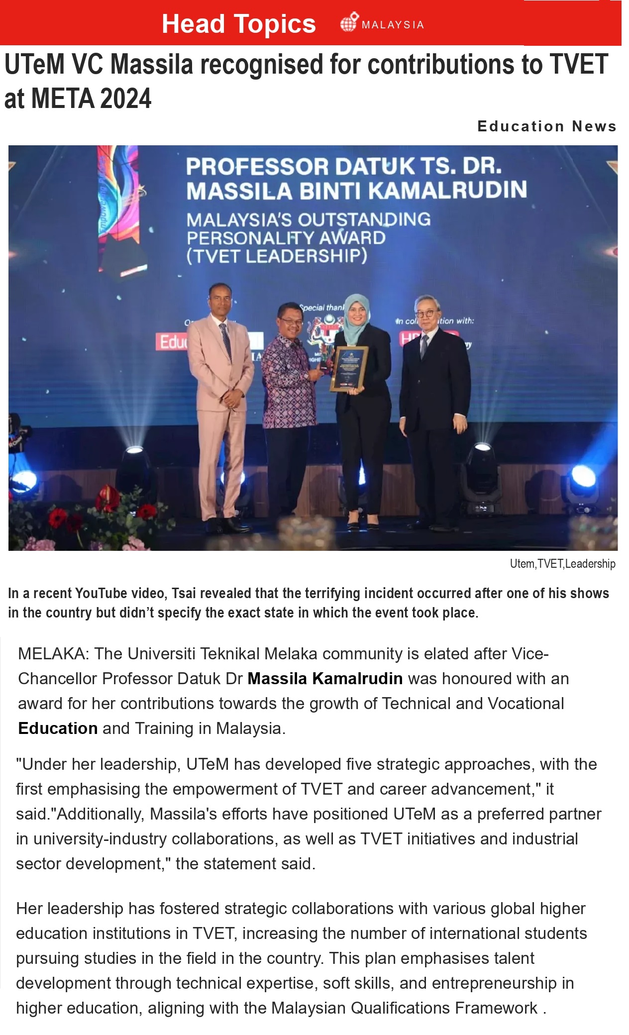 UTeM VC Massila recognised for contributions to TVET at META 2024