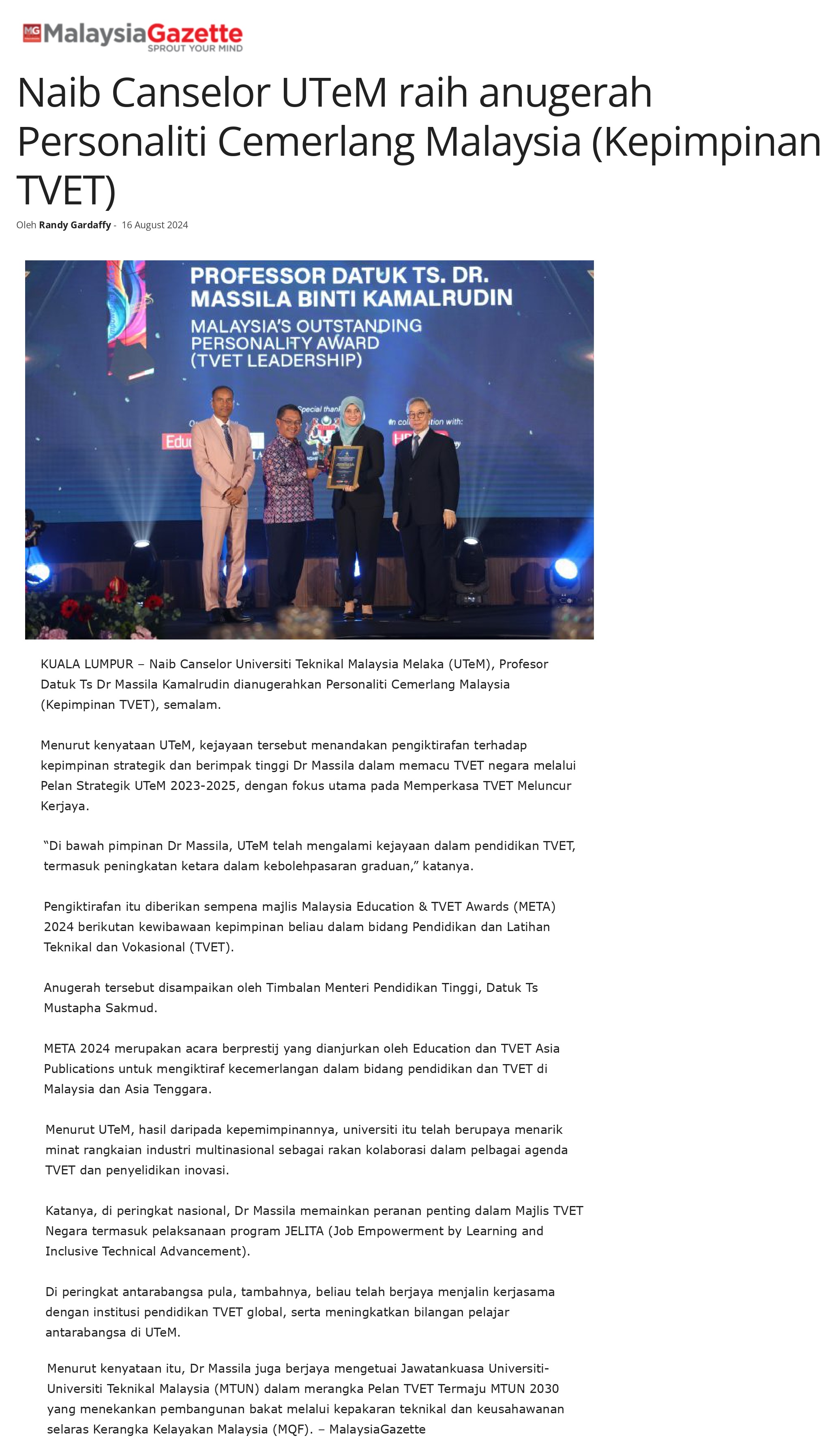 Naib Canselor UTeM raih anugerah Personaliti Cemerlang Malaysia (Kepimpinan TVET)