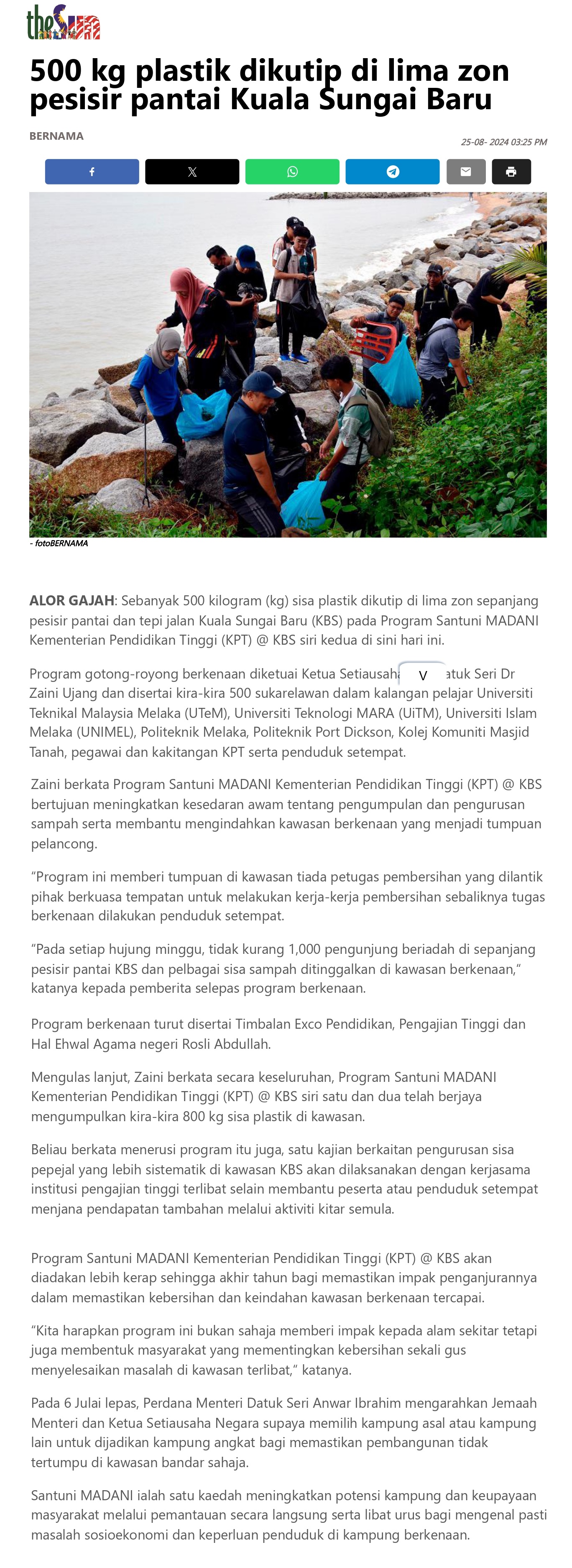 500 kg plastik dikutip di lima zon pesisir pantai Kuala Sungai Baru