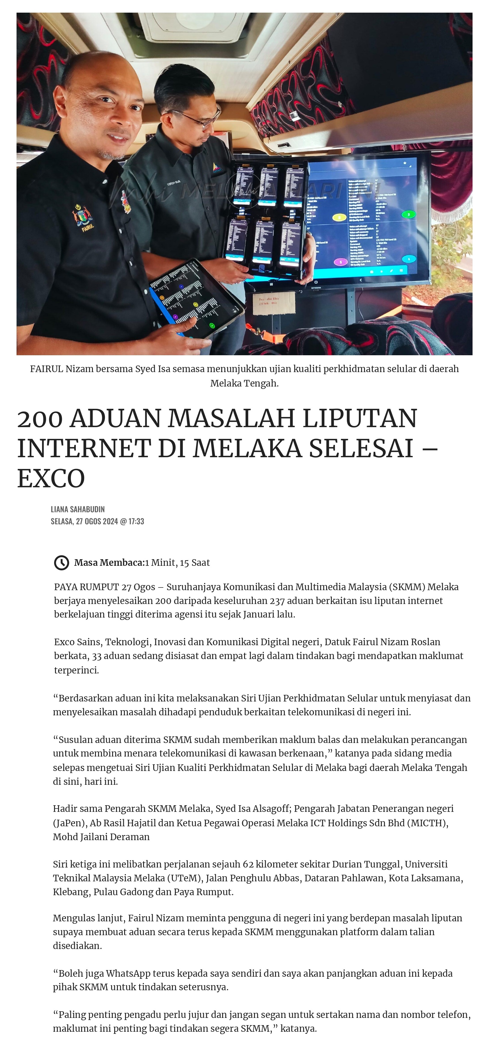200 ADUAN MASALAH LIPUTAN INTERNET DI MELAKA SELESAI – EXCO