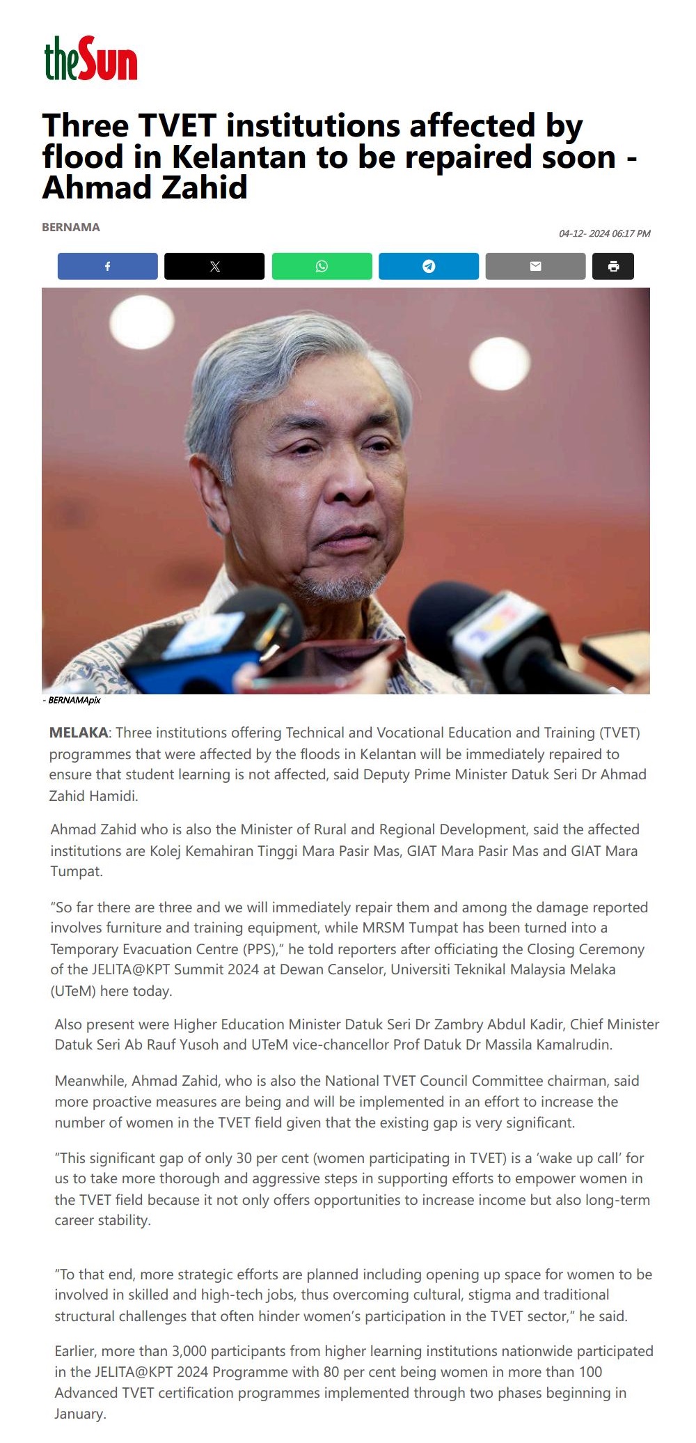 580 Three TVET institutions affected by flood in Kelantan to be repaired soon - Ahmad Zahid 