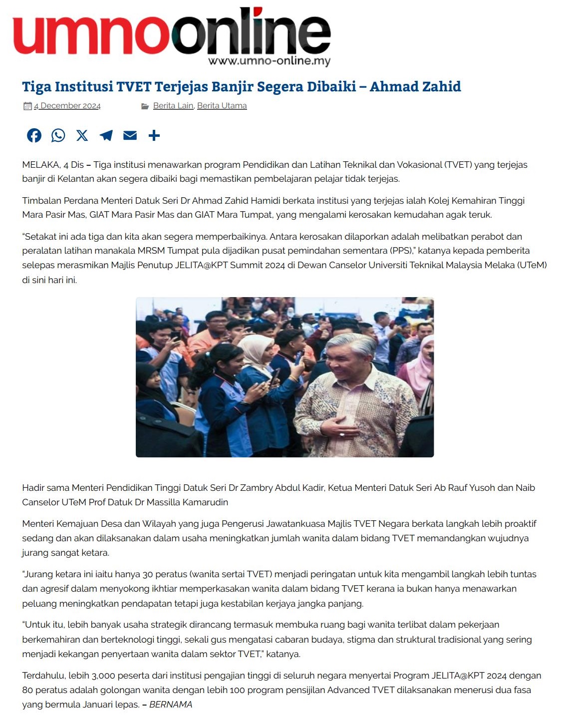 589 Tiga Institusi TVET Terjejas Banjir Segera Dibaiki – Ahmad Zahid 