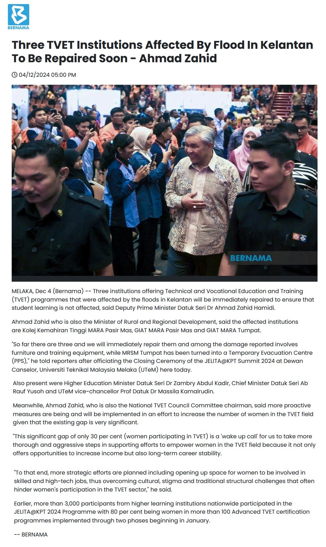 590 Three TVET Institutions Affected By Flood In Kelantan To Be Repaired Soon - Ahmad Zahid 