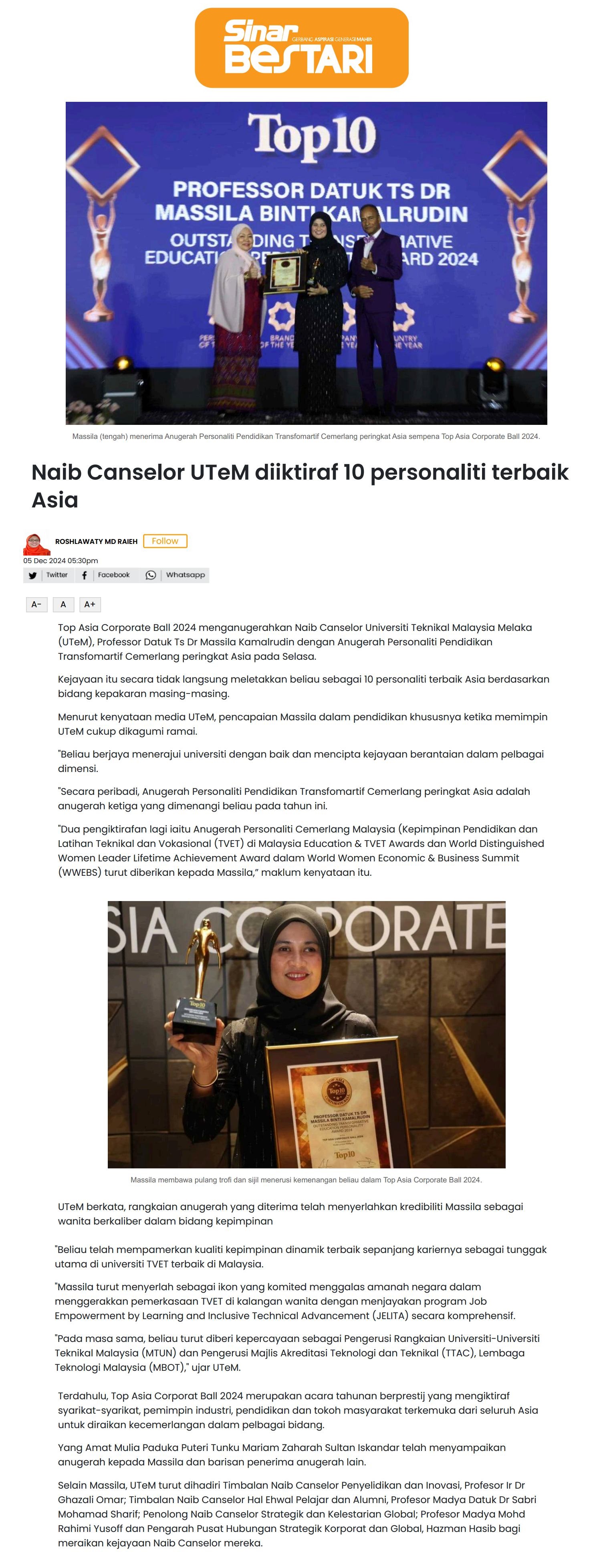 595 Naib Canselor UTeM diiktiraf 10 personaliti terbaik Asia 